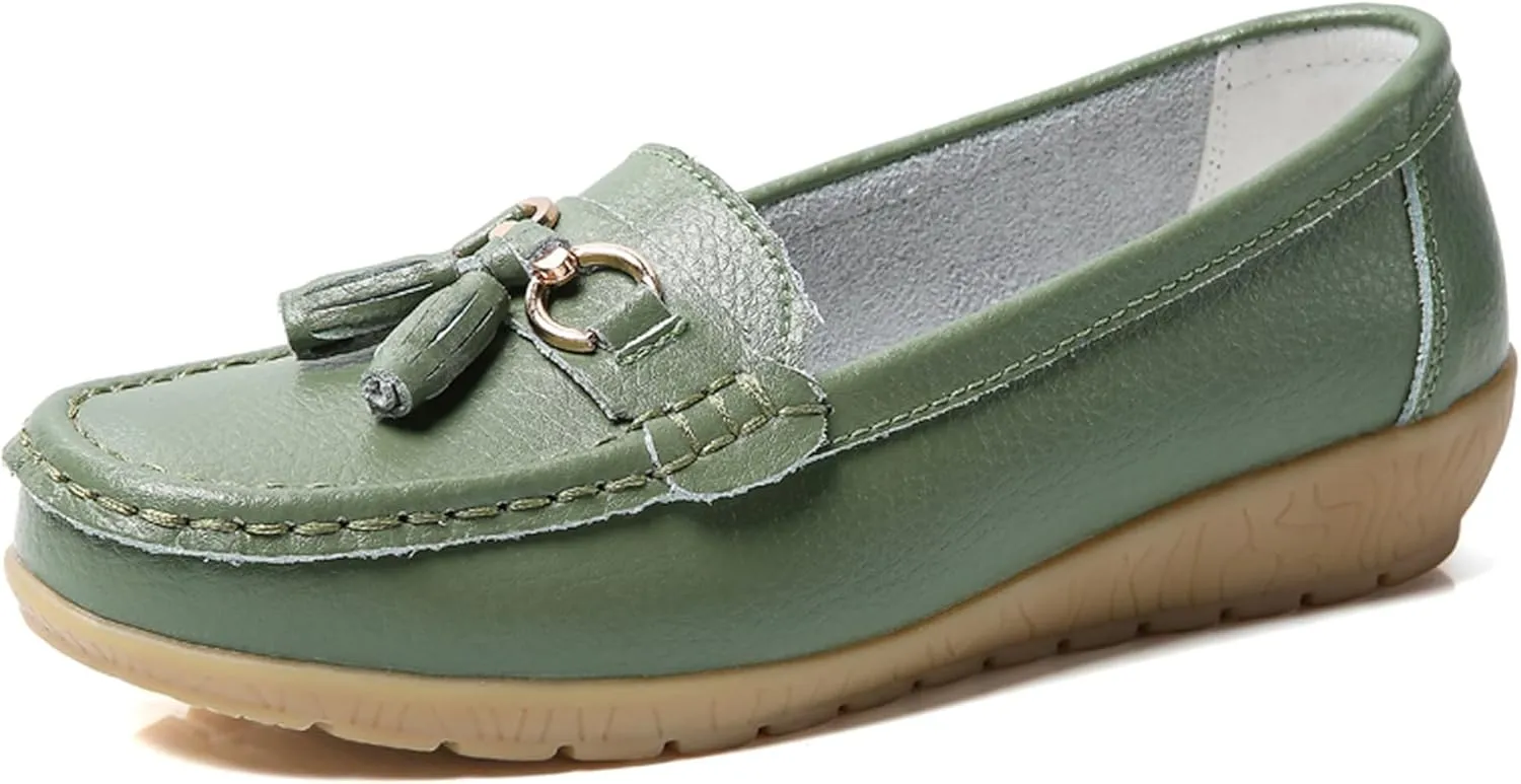 Solaud Women's Comfort Loafers Slope Heeled Moccasins Leather Loafer Casual Round Toe Soft Leather Wedge Pumps Breathable Slip On Walking Office Lightweight Shoes