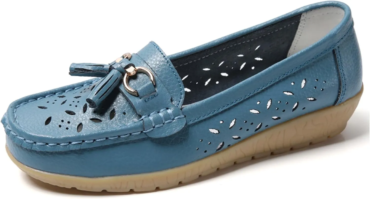 Solaud Women's Comfort Loafers Slope Heeled Moccasins Leather Loafer Casual Round Toe Soft Leather Wedge Pumps Breathable Slip On Walking Office Lightweight Shoes