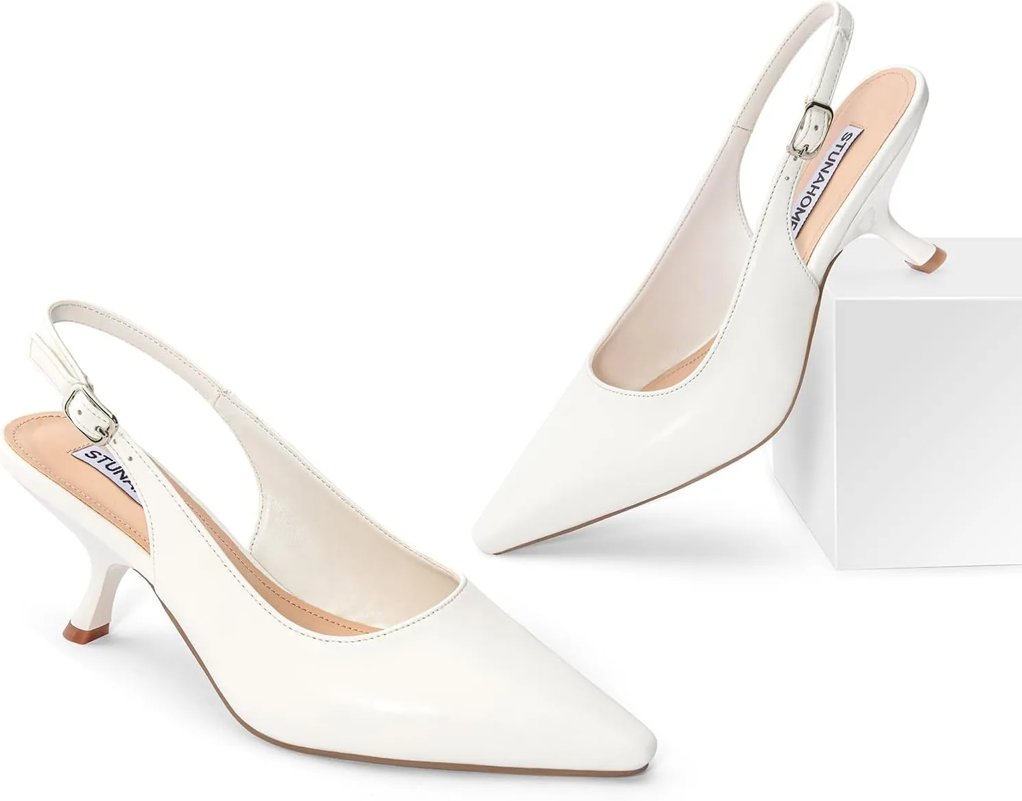 STUNAHOME Slingback Heels for Women Closed Pointed Toe Kitten Pumps Fashion Low Heel Wedding Casual Dress Shoes, Nude