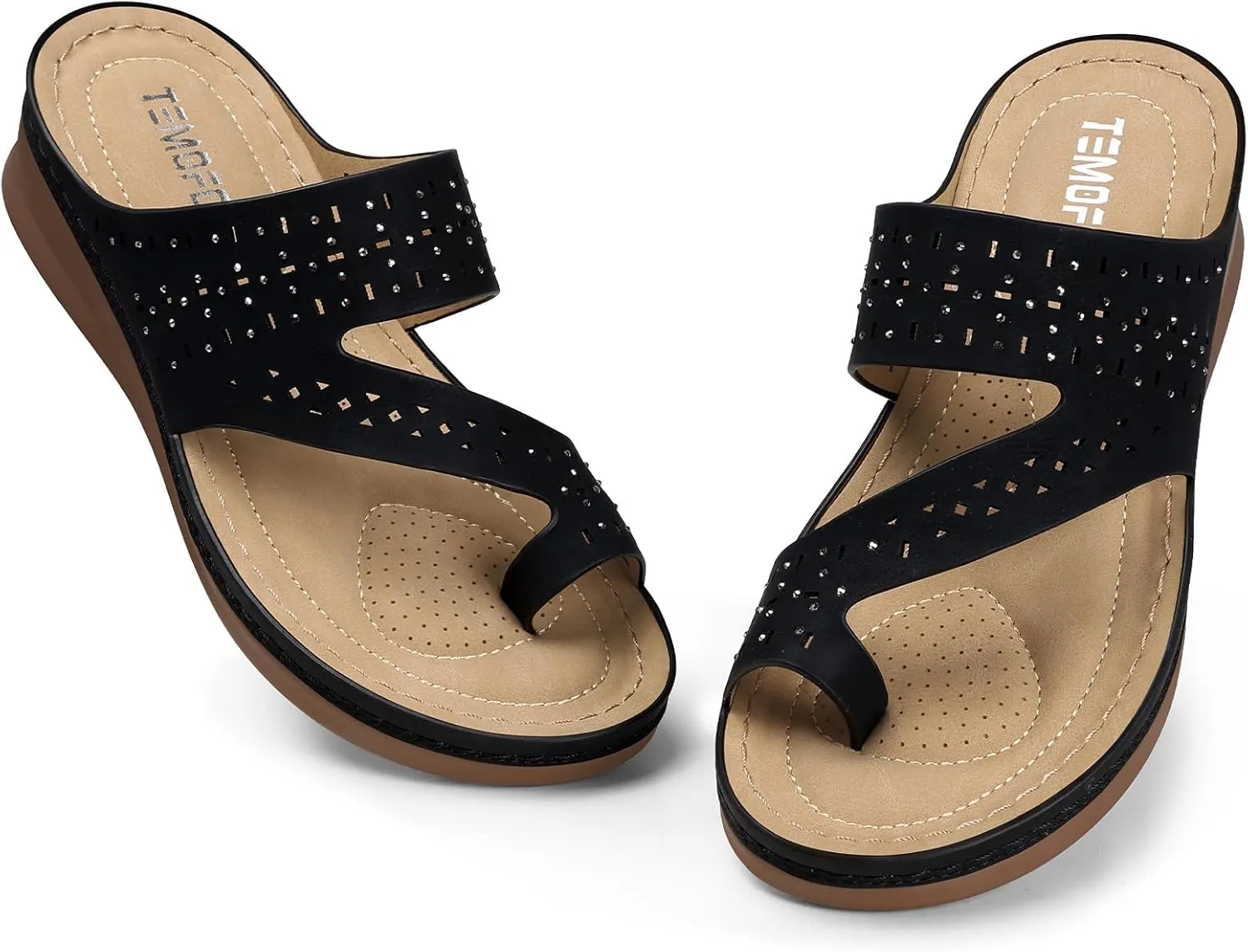 TEMOFON Flip Flops for Women Summer: Comfortable Walking Sandals,Arch Support,Orthopedic Bunion Sandal, Dressy Black/Navy/White Sandals Size 5-11