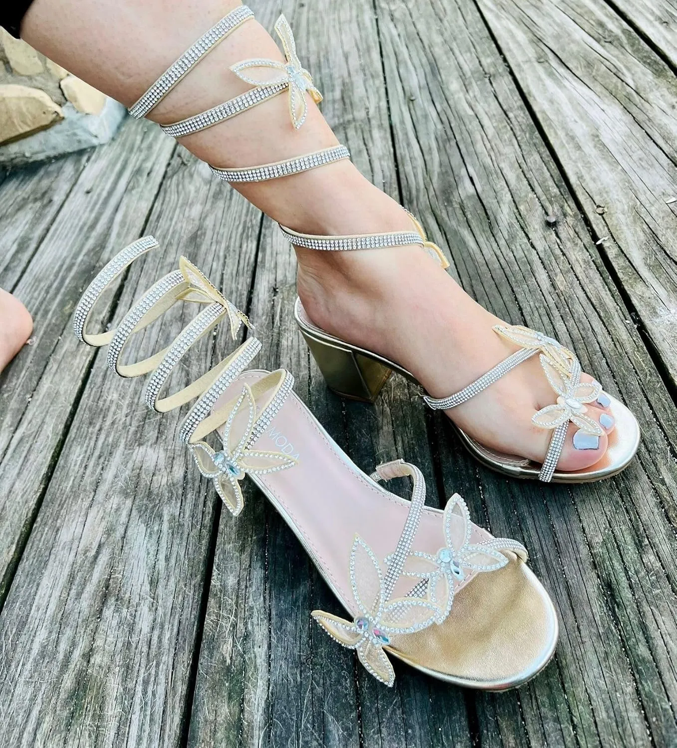 TOP Moda Diamond-29 Women's Butterfly Spiral Coil Wrap Dressy Block Heel Sandal, Non-slip sole, Rhinestone High Heel Sandals, For Wedding, Party, Prom, Evening Wear