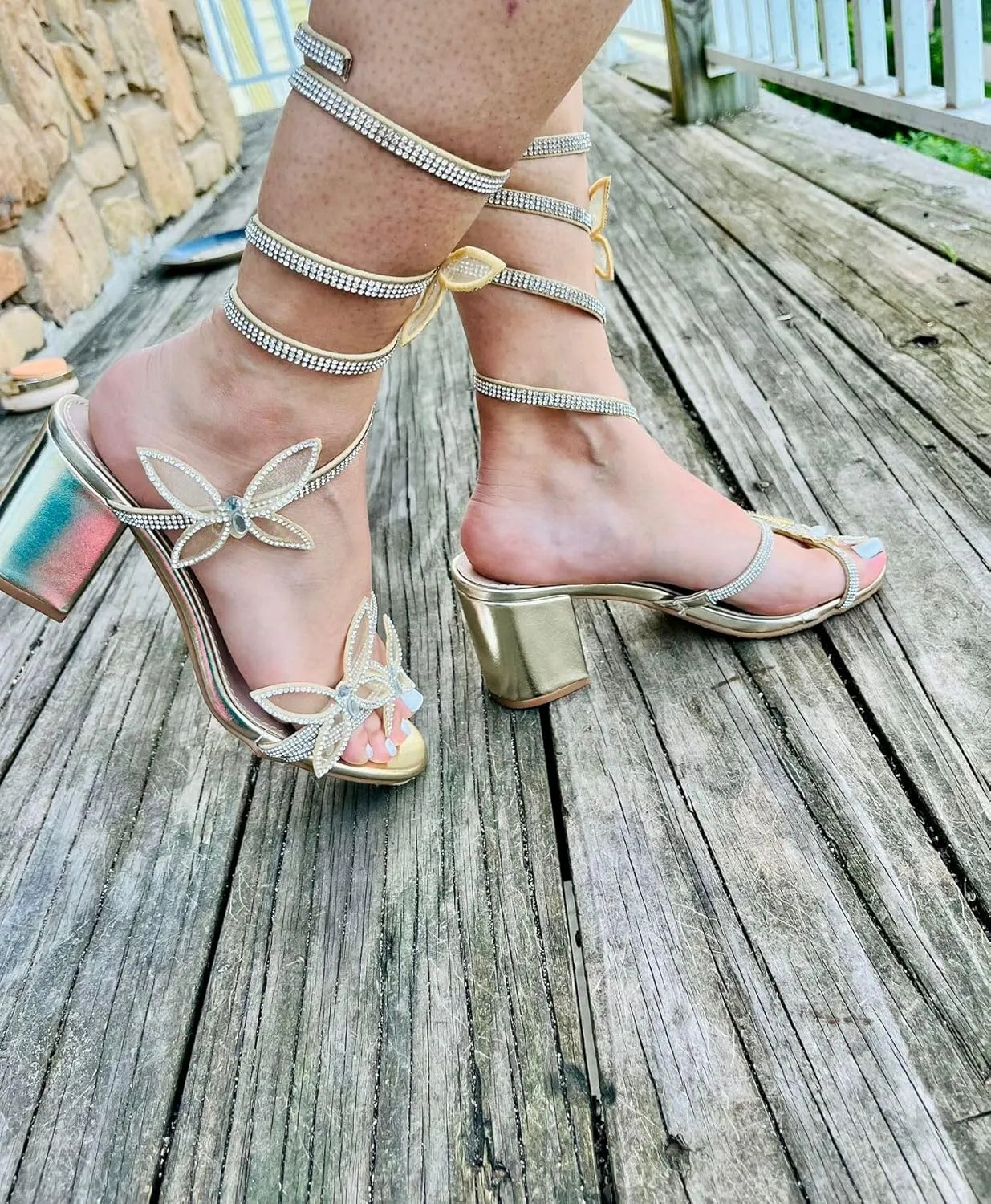 TOP Moda Diamond-29 Women's Butterfly Spiral Coil Wrap Dressy Block Heel Sandal, Non-slip sole, Rhinestone High Heel Sandals, For Wedding, Party, Prom, Evening Wear