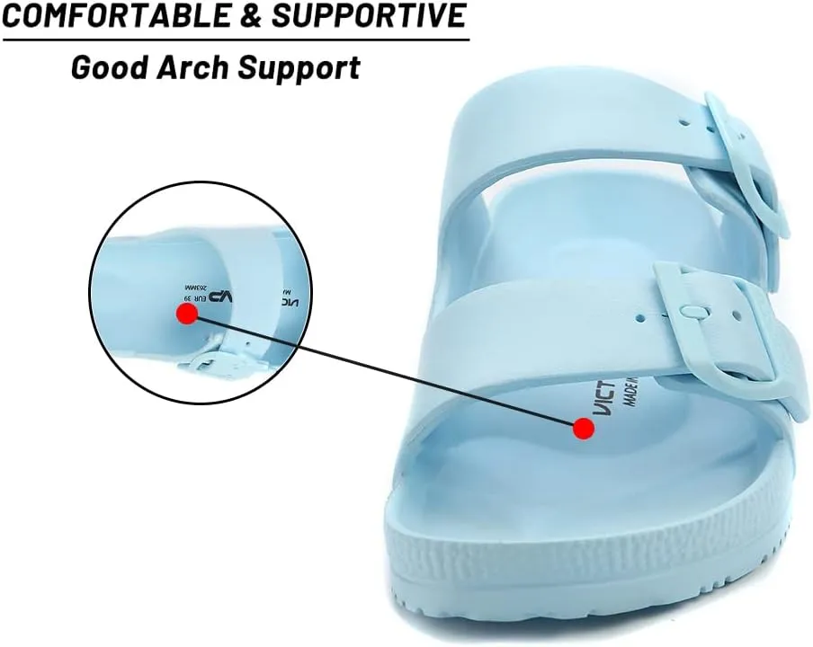 VICT POPU Womens Sandals Adjustable Double Buckle Strap Waterproof EVA Flat Slides