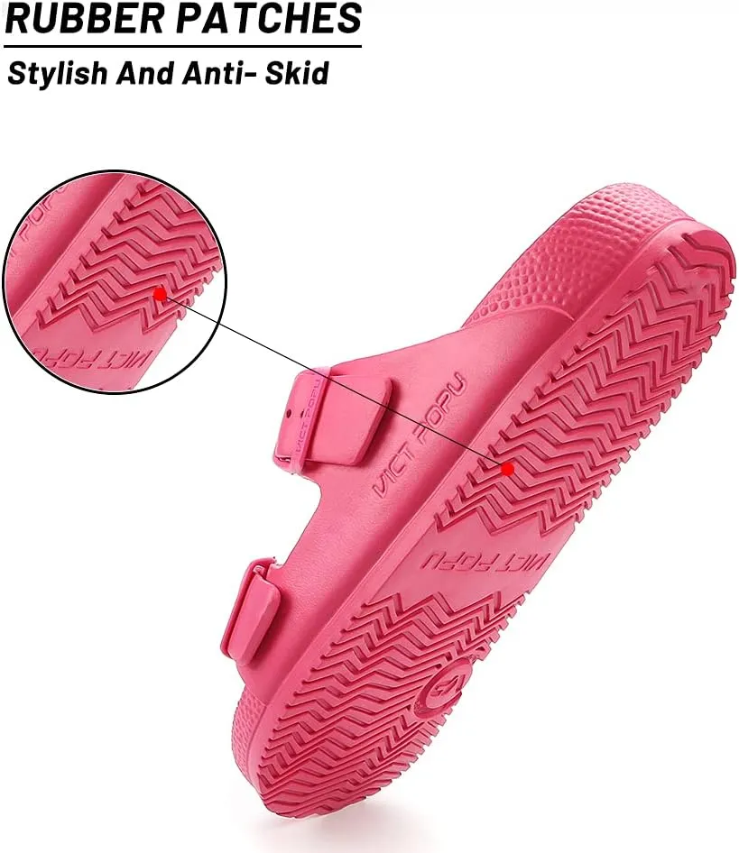 VICT POPU Womens Sandals Adjustable Double Buckle Strap Waterproof EVA Flat Slides