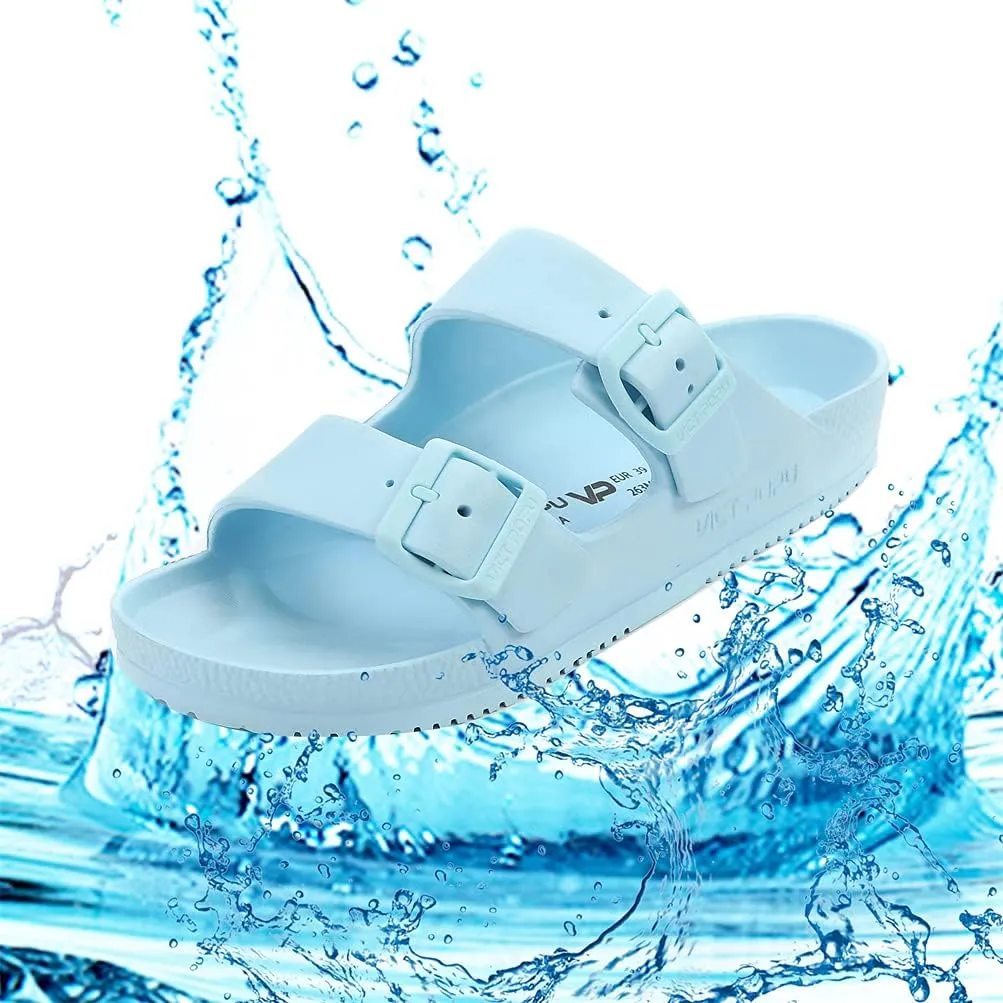 VICT POPU Womens Sandals Adjustable Double Buckle Strap Waterproof EVA Flat Slides