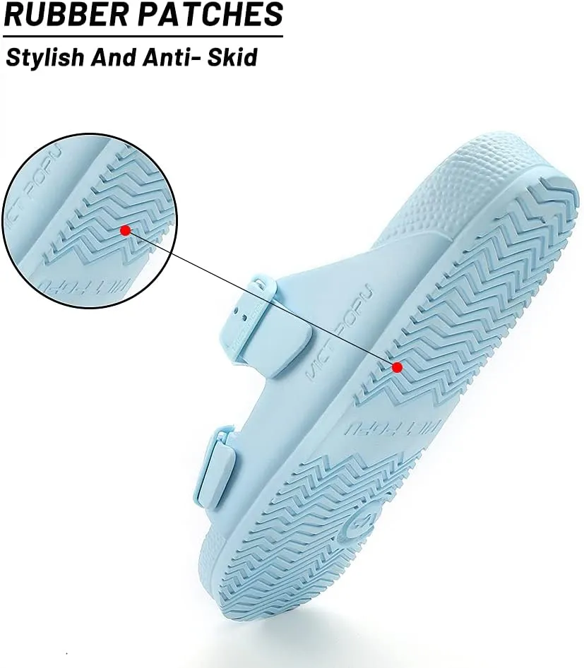 VICT POPU Womens Sandals Adjustable Double Buckle Strap Waterproof EVA Flat Slides