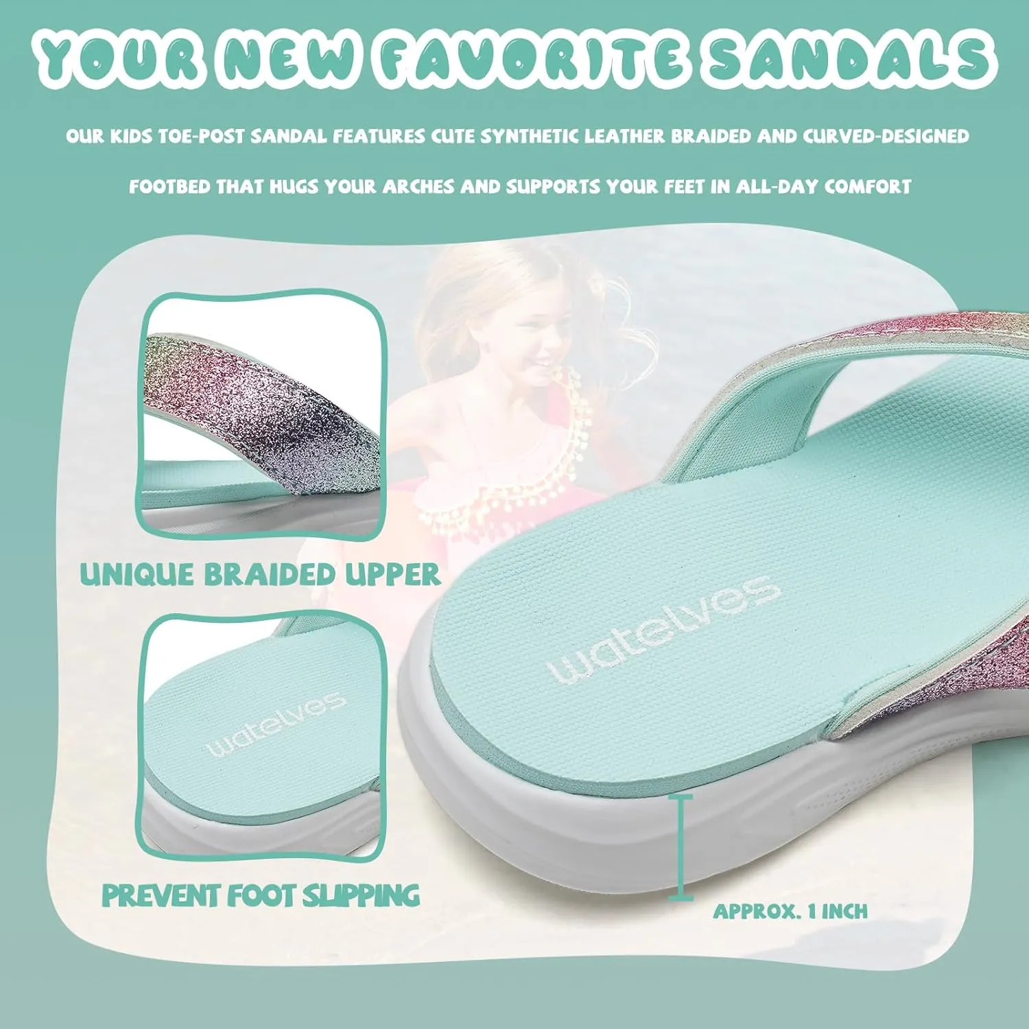 WateLves Girls Flip Flops Non-Slip Casual Thong Sandals Summer Sandal Shoes for Beach Swim Pool (Little Kid/Big Kid)