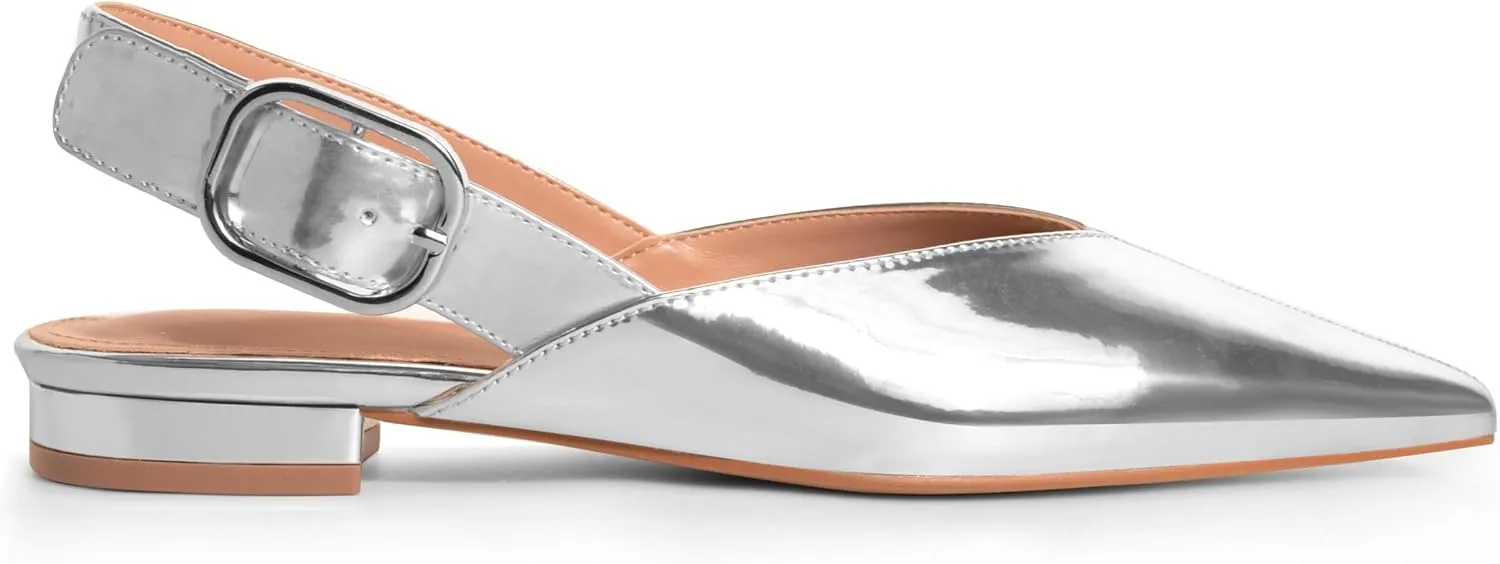 White Slingback Flat Shoes for Women Pointed Toe Adjustable Buckle Flat Mule Sandals Casual Comfortable Office Dressy Shoes