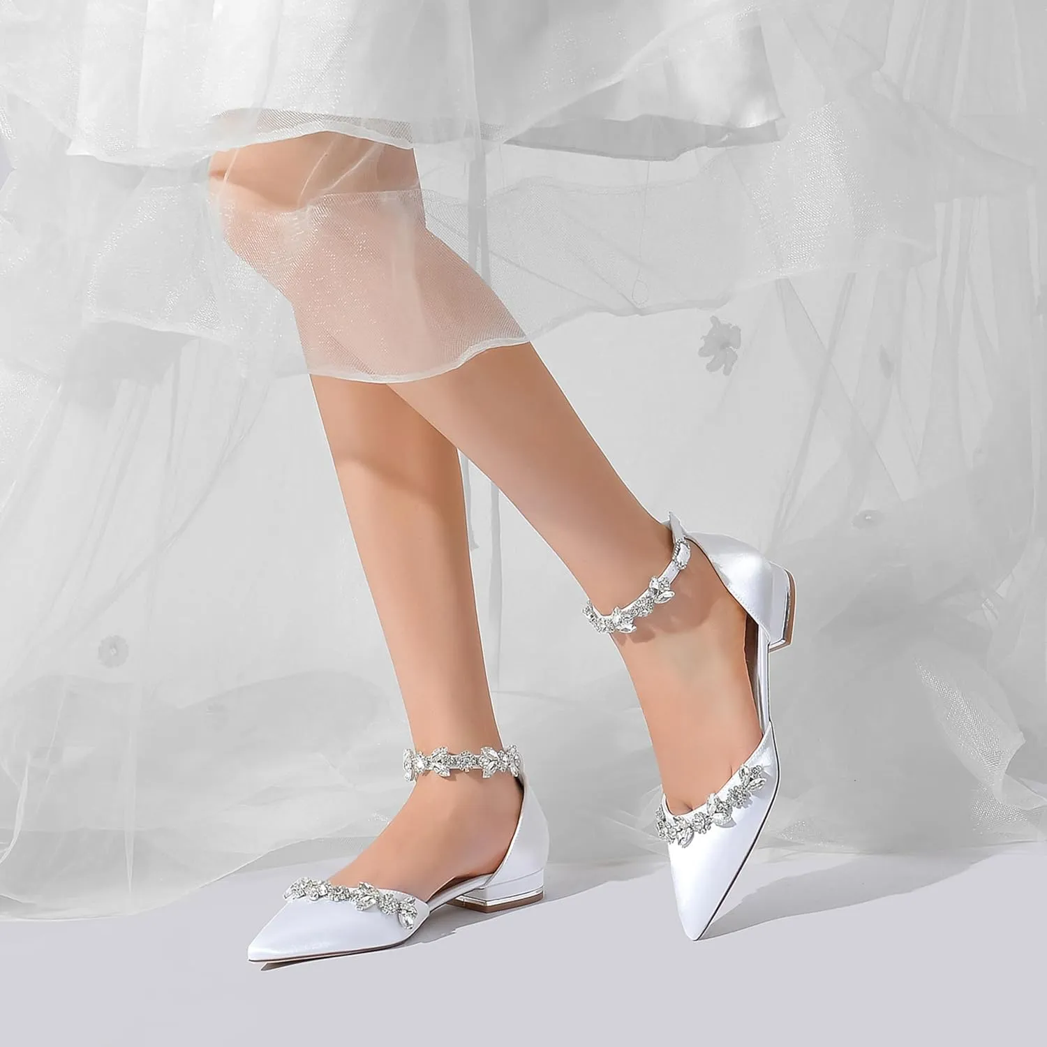Women Bridal Flat Sandals Satin Rhinestones Wedding Flats Shoes for Bride Pointed Toe Ankle Buckle Strap Flats 2.5Cm