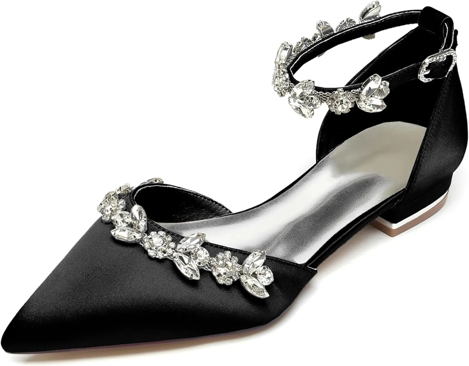 Women Bridal Flat Sandals Satin Rhinestones Wedding Flats Shoes for Bride Pointed Toe Ankle Buckle Strap Flats 2.5Cm