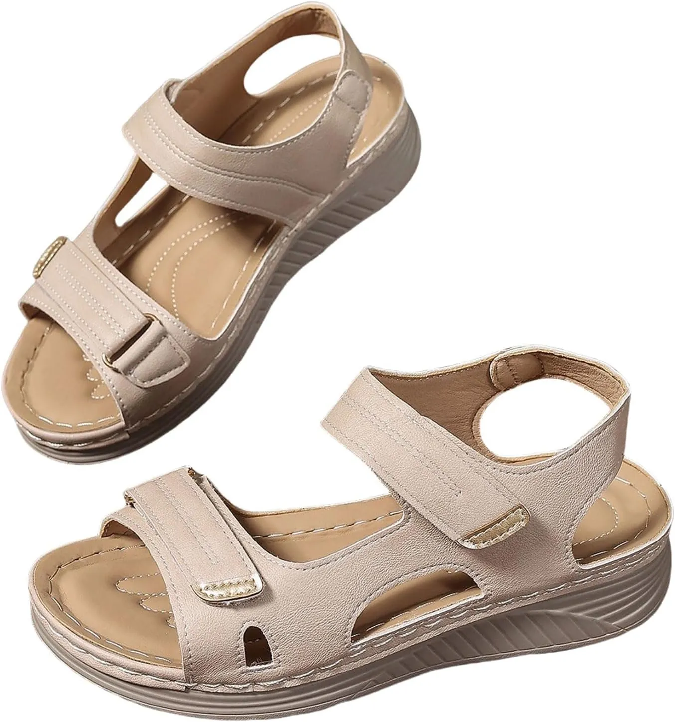 Women Comfortable Sandals Orthotic Walking Orthopedic Arch Support Dressy Casual Platform Hollow Flat Sandal Non-Slip Peep Toe Slingback Wide Width Adjustable Hook Loop Flip Flops