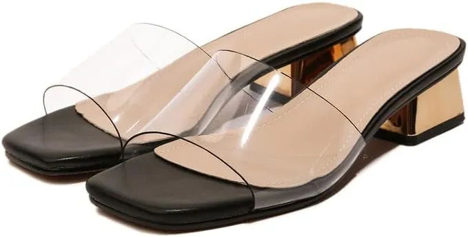 Women's Block Low Heel Clear Mule Sandals Square Toe Transparent Slide Dress Sandal for Office Work