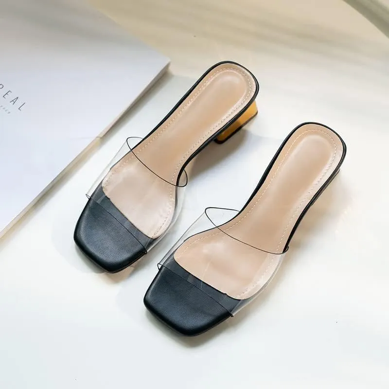 Women's Block Low Heel Clear Mule Sandals Square Toe Transparent Slide Dress Sandal for Office Work