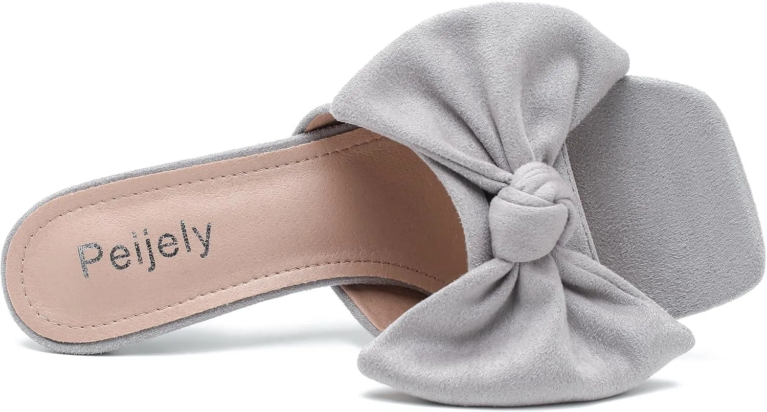 Women's Bow Sandal Mid High Kitten Heel Slip on Square Toe Mule Heels
