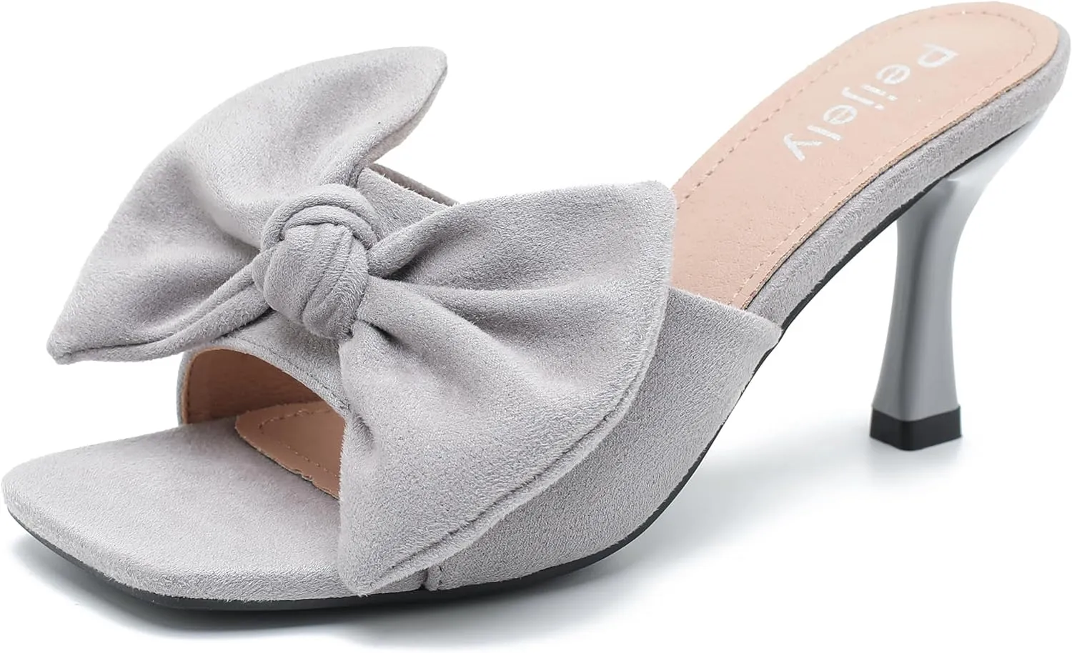Women's Bow Sandal Mid High Kitten Heel Slip on Square Toe Mule Heels