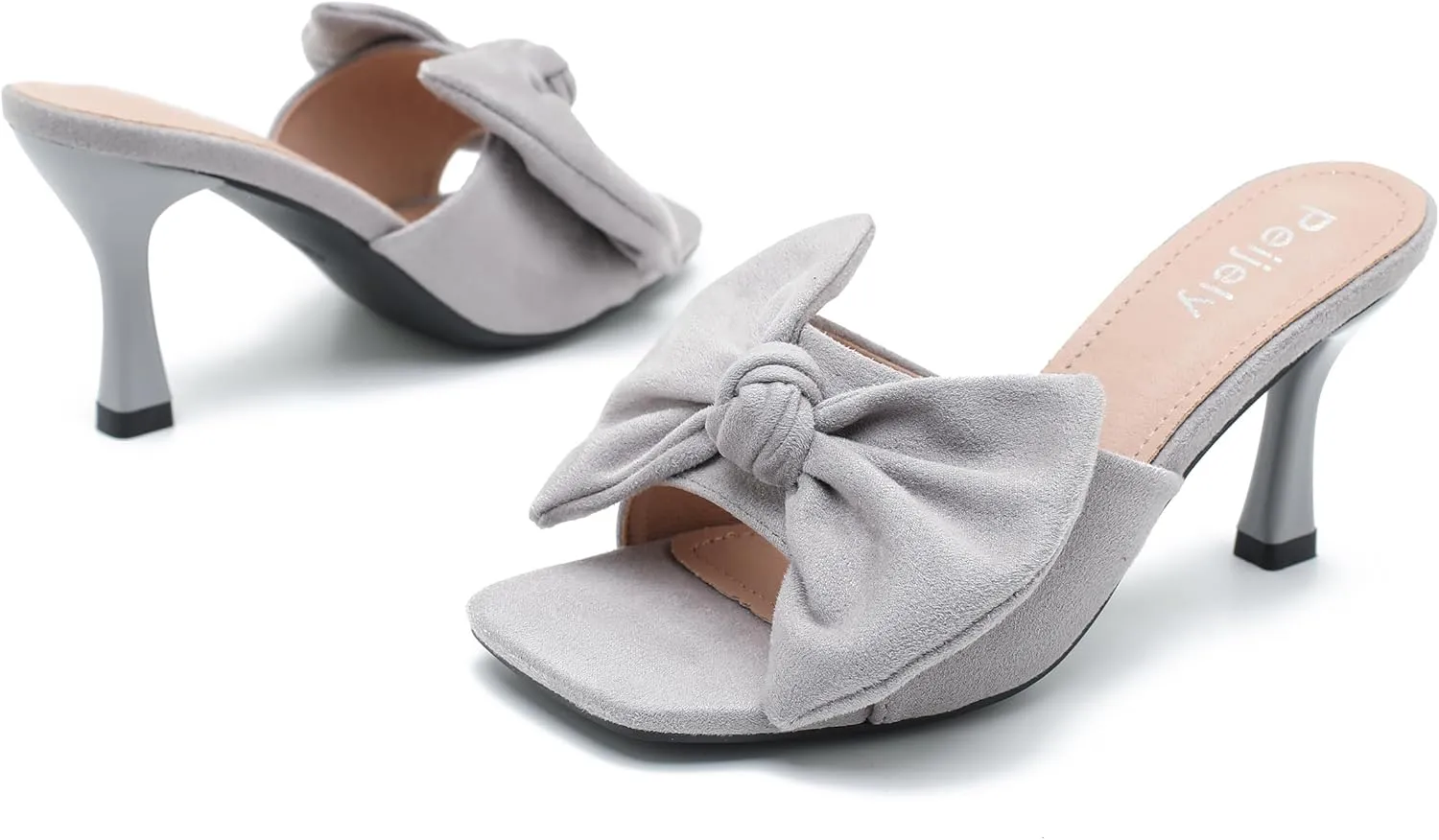 Women's Bow Sandal Mid High Kitten Heel Slip on Square Toe Mule Heels