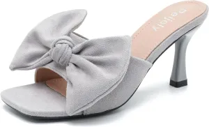 Women's Bow Sandal Mid High Kitten Heel Slip on Square Toe Mule Heels