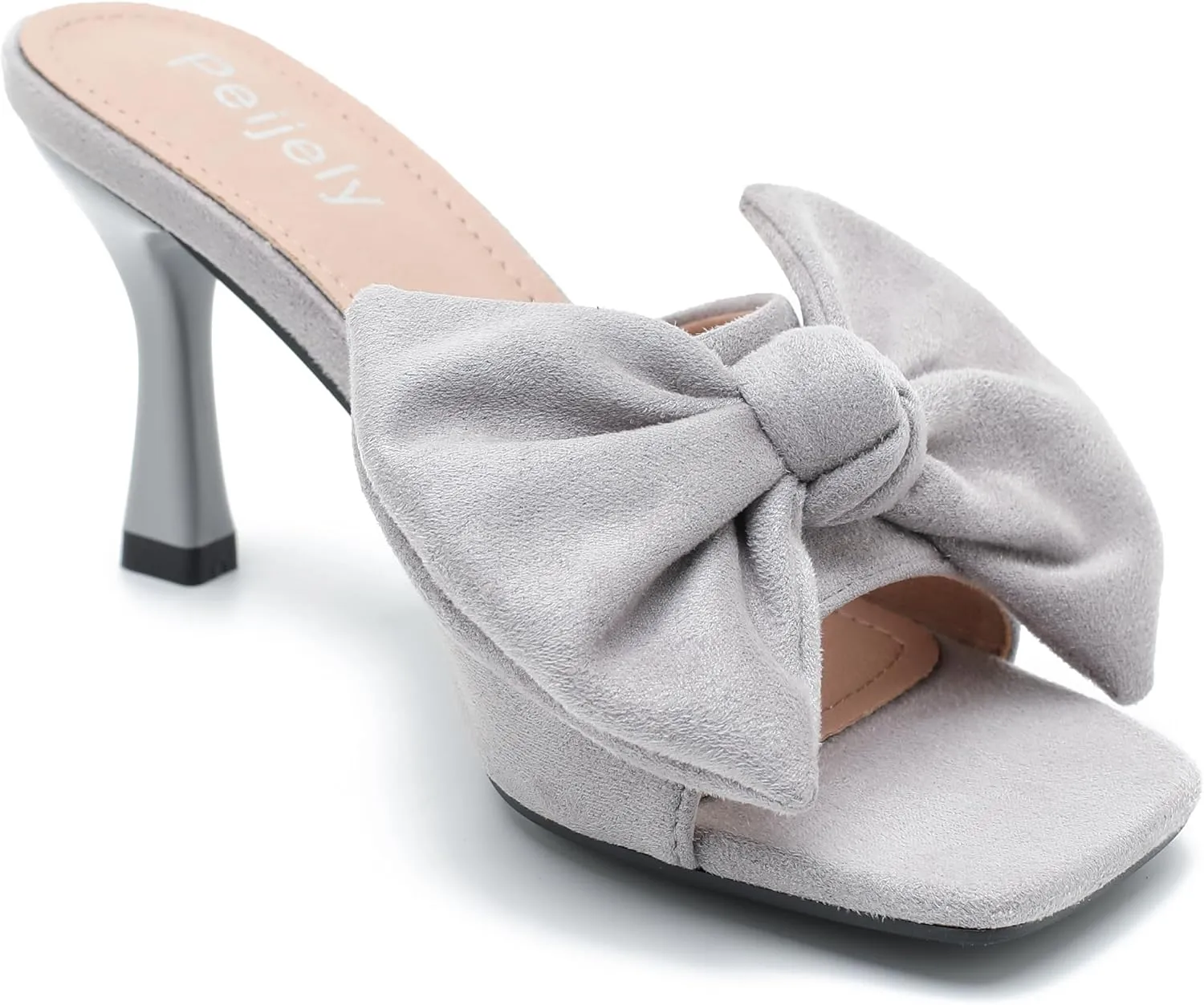 Women's Bow Sandal Mid High Kitten Heel Slip on Square Toe Mule Heels