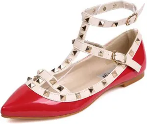 Womens Fashion Stud Flat Shoes Pointed Closed Toe Low Heels Color Block Studded T-Strap Casual Shoes Ankle Strap Buckle Classic Work Flats Office Shoes