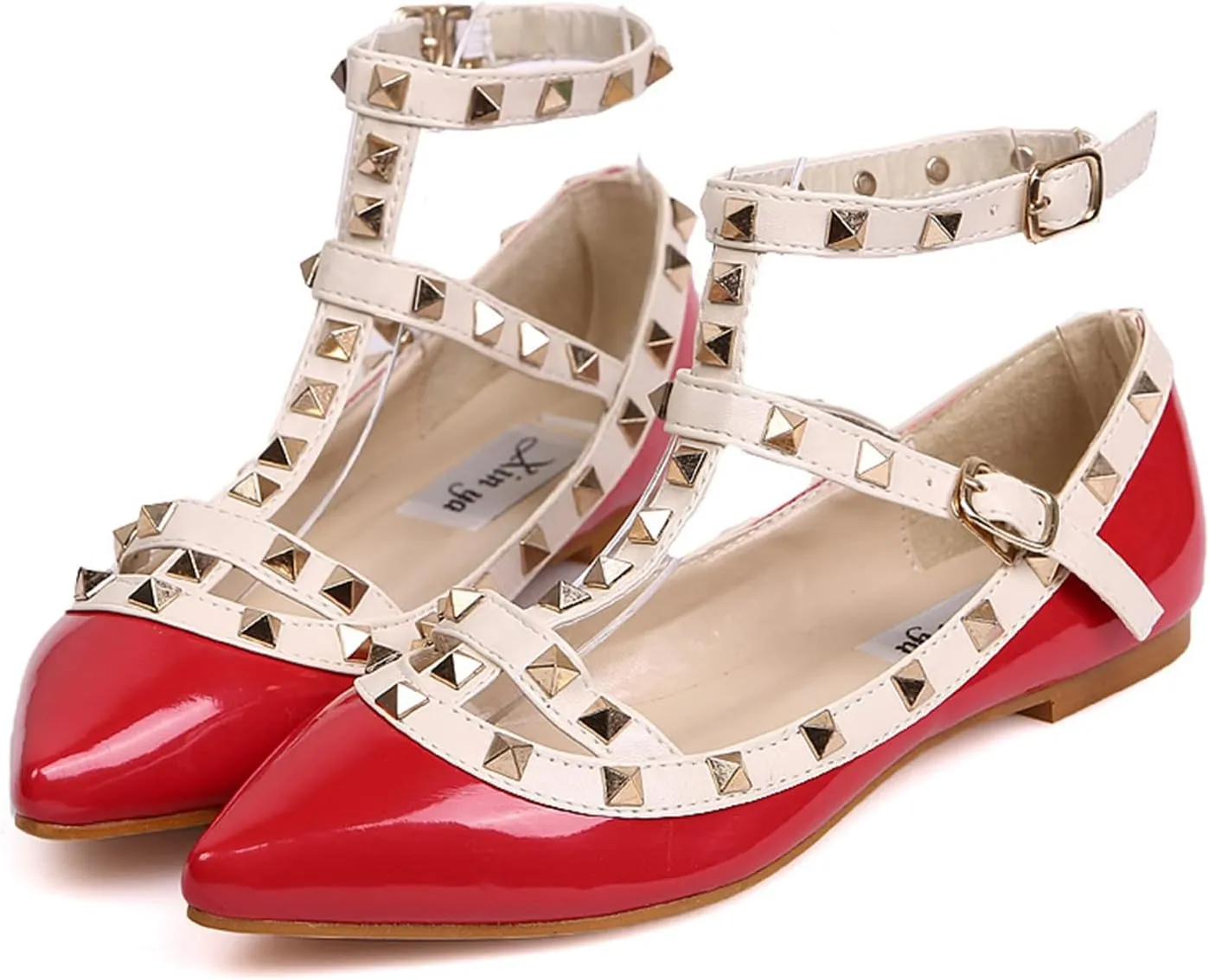 Womens Fashion Stud Flat Shoes Pointed Closed Toe Low Heels Color Block Studded T-Strap Casual Shoes Ankle Strap Buckle Classic Work Flats Office Shoes