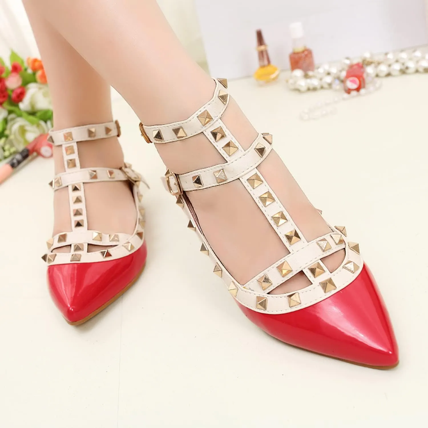 Womens Fashion Stud Flat Shoes Pointed Closed Toe Low Heels Color Block Studded T-Strap Casual Shoes Ankle Strap Buckle Classic Work Flats Office Shoes