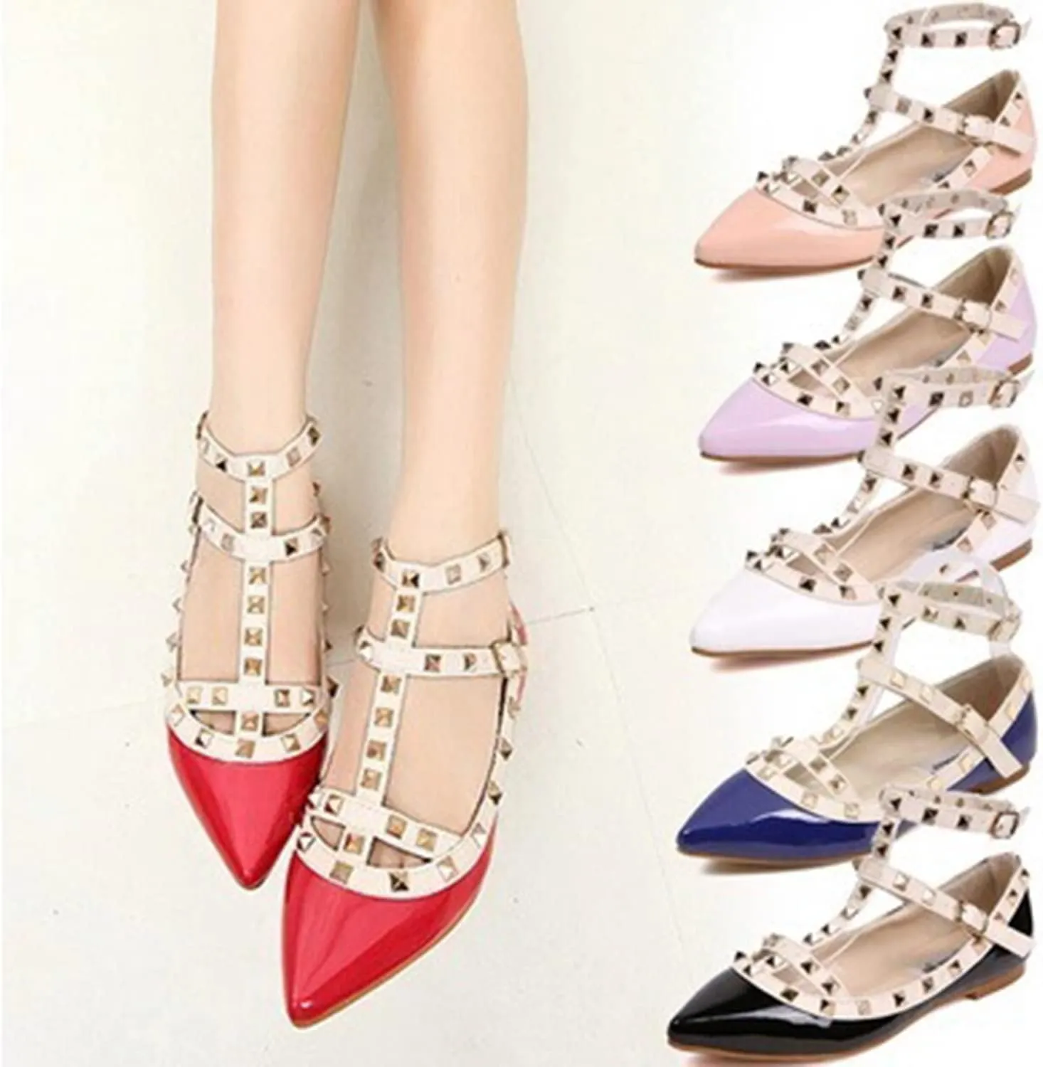 Womens Fashion Stud Flat Shoes Pointed Closed Toe Low Heels Color Block Studded T-Strap Casual Shoes Ankle Strap Buckle Classic Work Flats Office Shoes