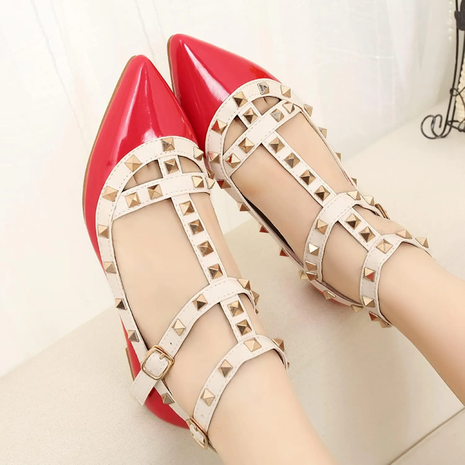 Womens Fashion Stud Flat Shoes Pointed Closed Toe Low Heels Color Block Studded T-Strap Casual Shoes Ankle Strap Buckle Classic Work Flats Office Shoes