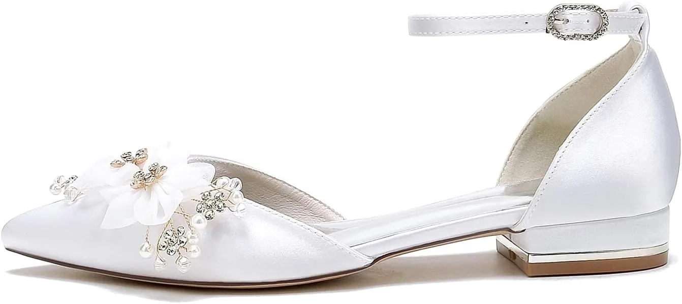 Women's Flat Pumps Heel Applique Pointed Toe Flats Comfort Wedding Shoes for Bride Prom Dress Shoes
