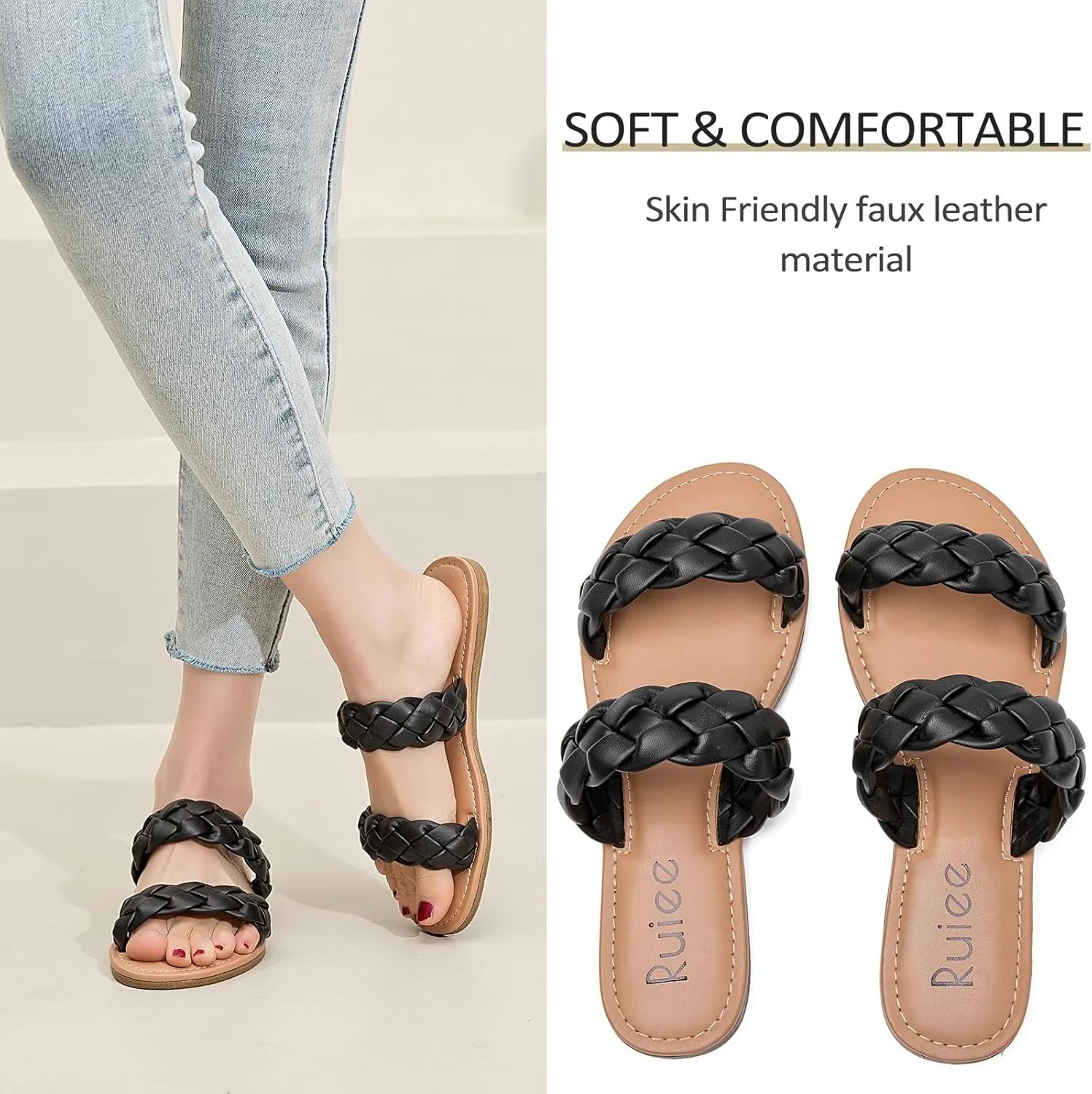 Women's Flat Slides Sandals, Summer Slippers Comfortable Braided Strap Round Open Toe Casual Beach Shoes for Women.
