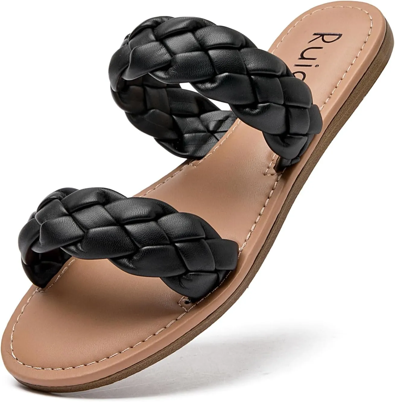 Women's Flat Slides Sandals, Summer Slippers Comfortable Braided Strap Round Open Toe Casual Beach Shoes for Women.