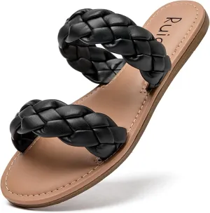 Women's Flat Slides Sandals, Summer Slippers Comfortable Braided Strap Round Open Toe Casual Beach Shoes for Women.