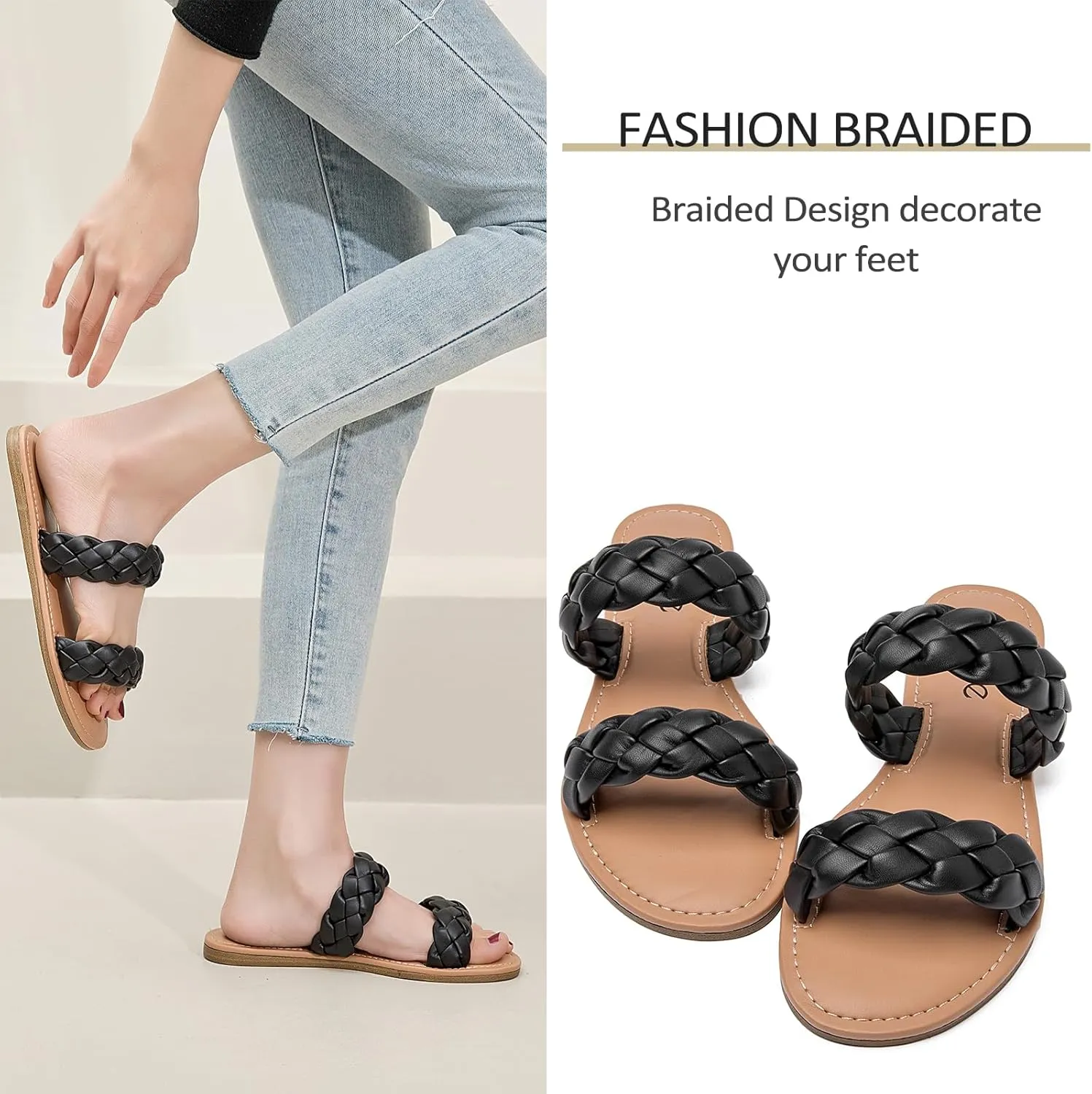 Women's Flat Slides Sandals, Summer Slippers Comfortable Braided Strap Round Open Toe Casual Beach Shoes for Women.