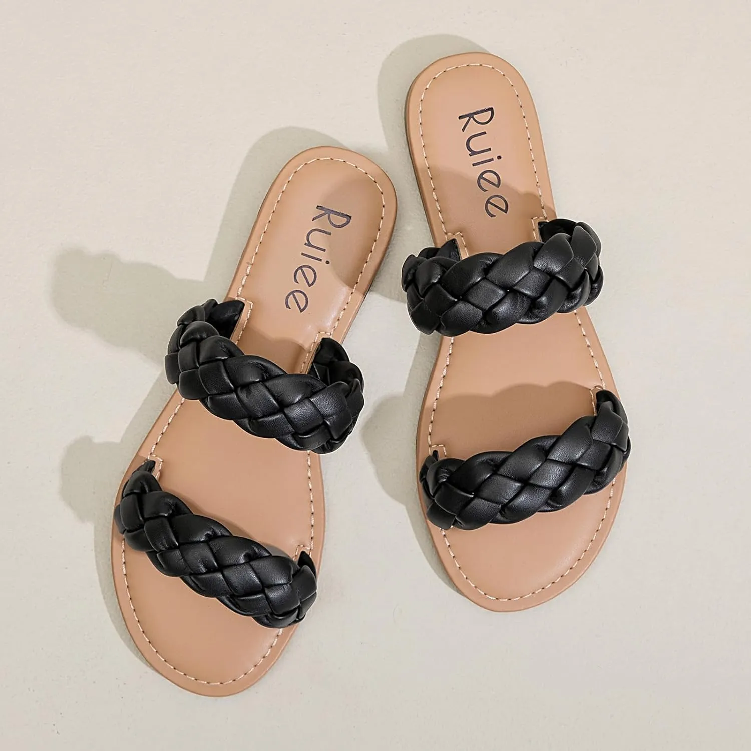 Women's Flat Slides Sandals, Summer Slippers Comfortable Braided Strap Round Open Toe Casual Beach Shoes for Women.