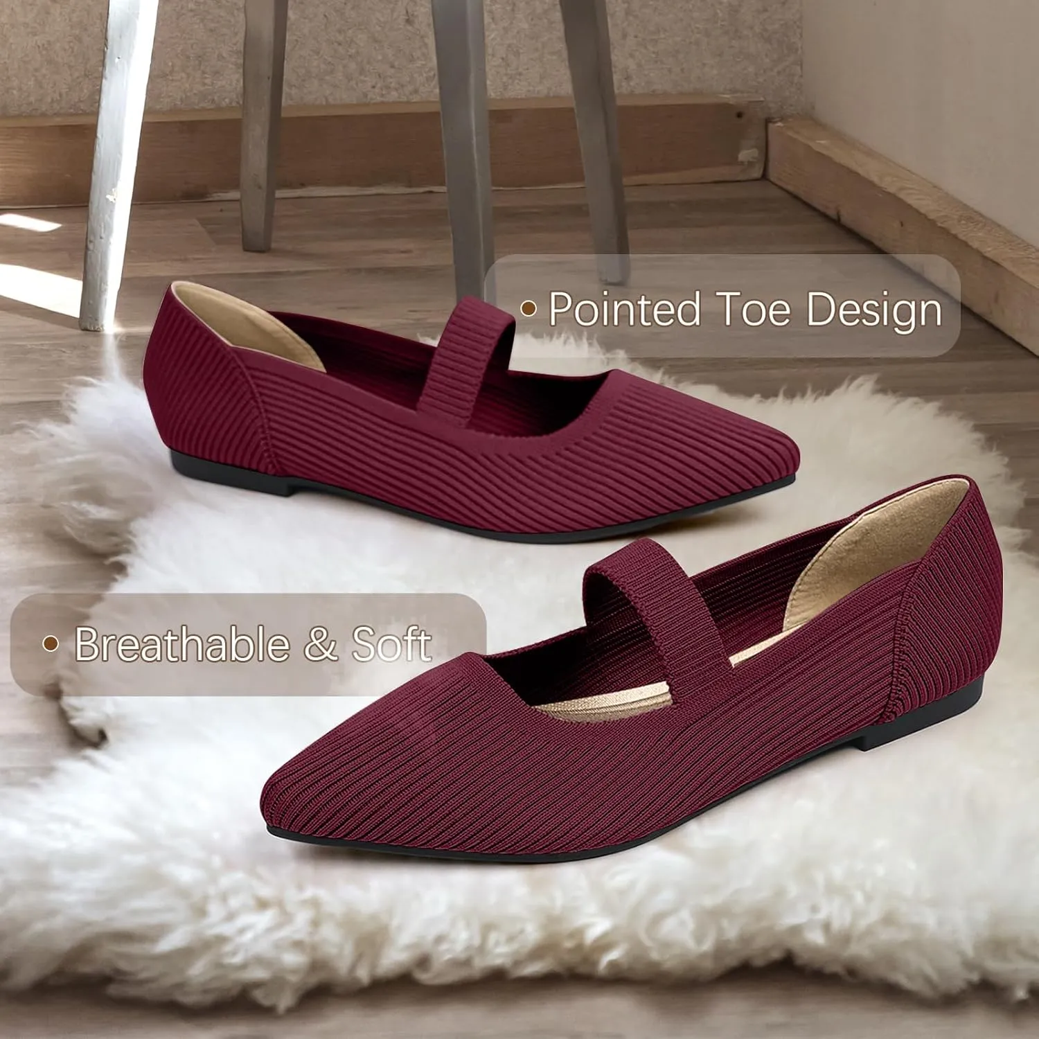 Women's Flats Shoes Pointed Toe Knit Washable Ballet Comfortable Dressy Mary Jane Flat