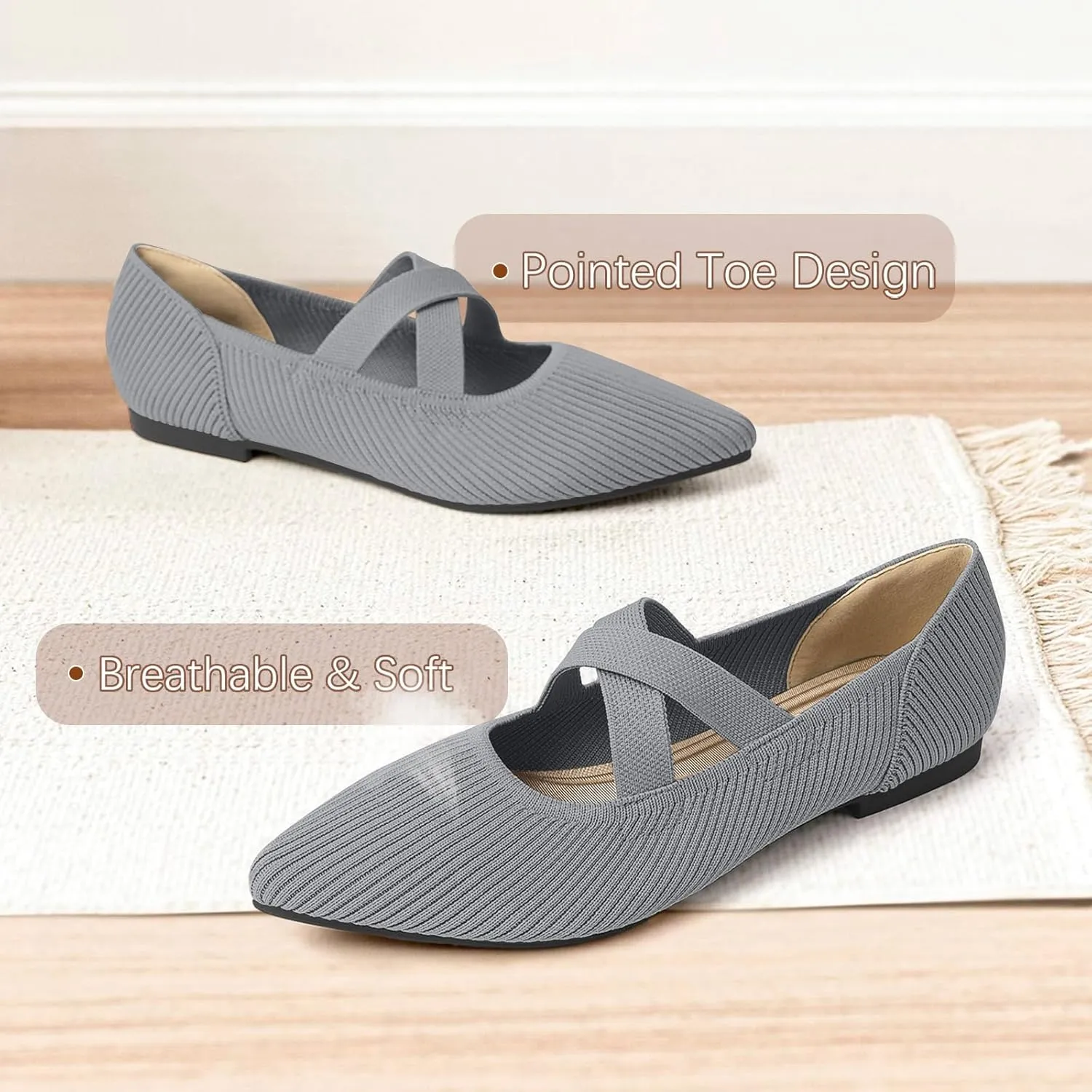 Women's Flats Shoes Pointed Toe Knit Washable Comfortable Dressy Mary Jane Ballet Flat with Strap