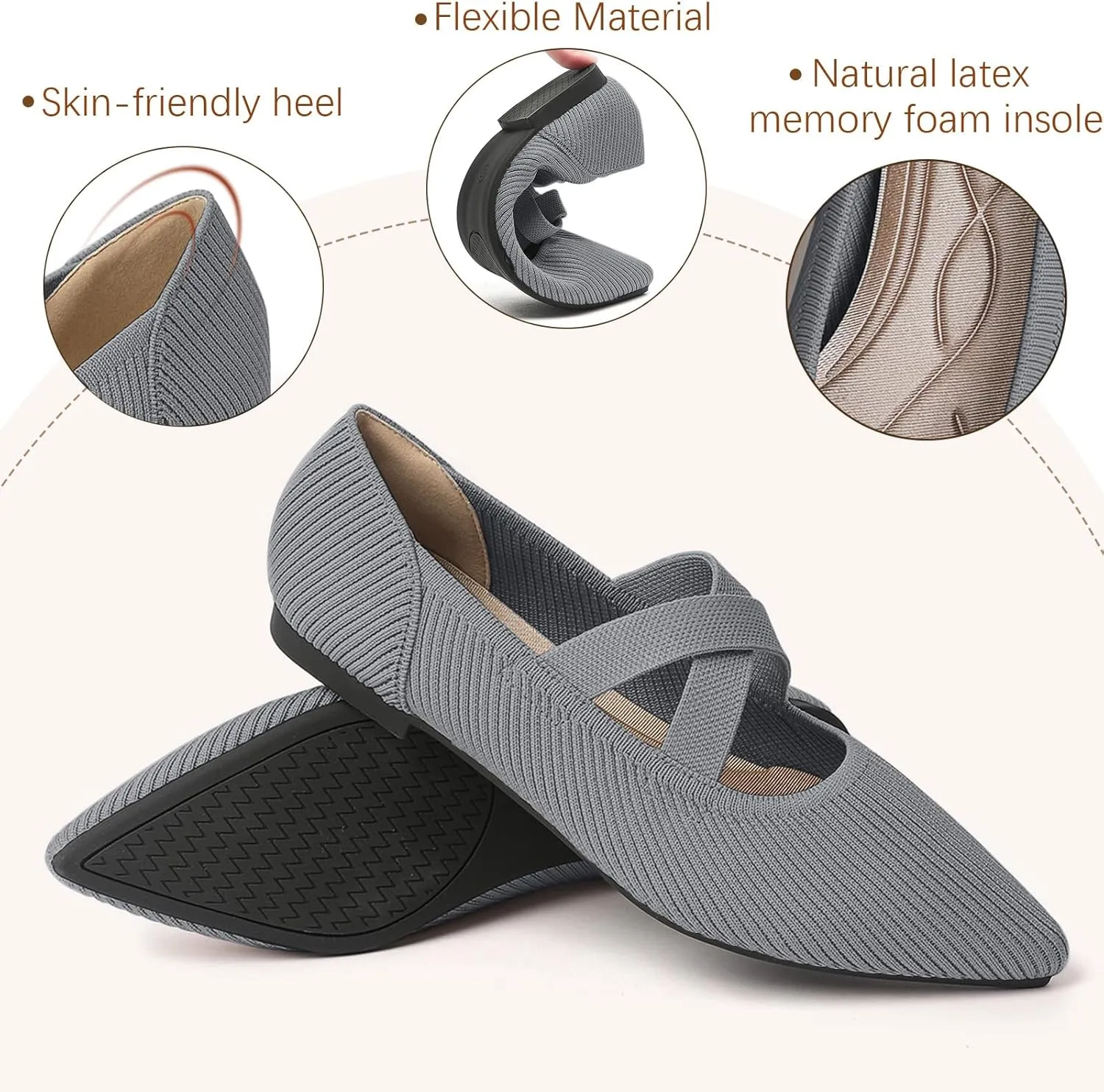 Women's Flats Shoes Pointed Toe Knit Washable Comfortable Dressy Mary Jane Ballet Flat with Strap