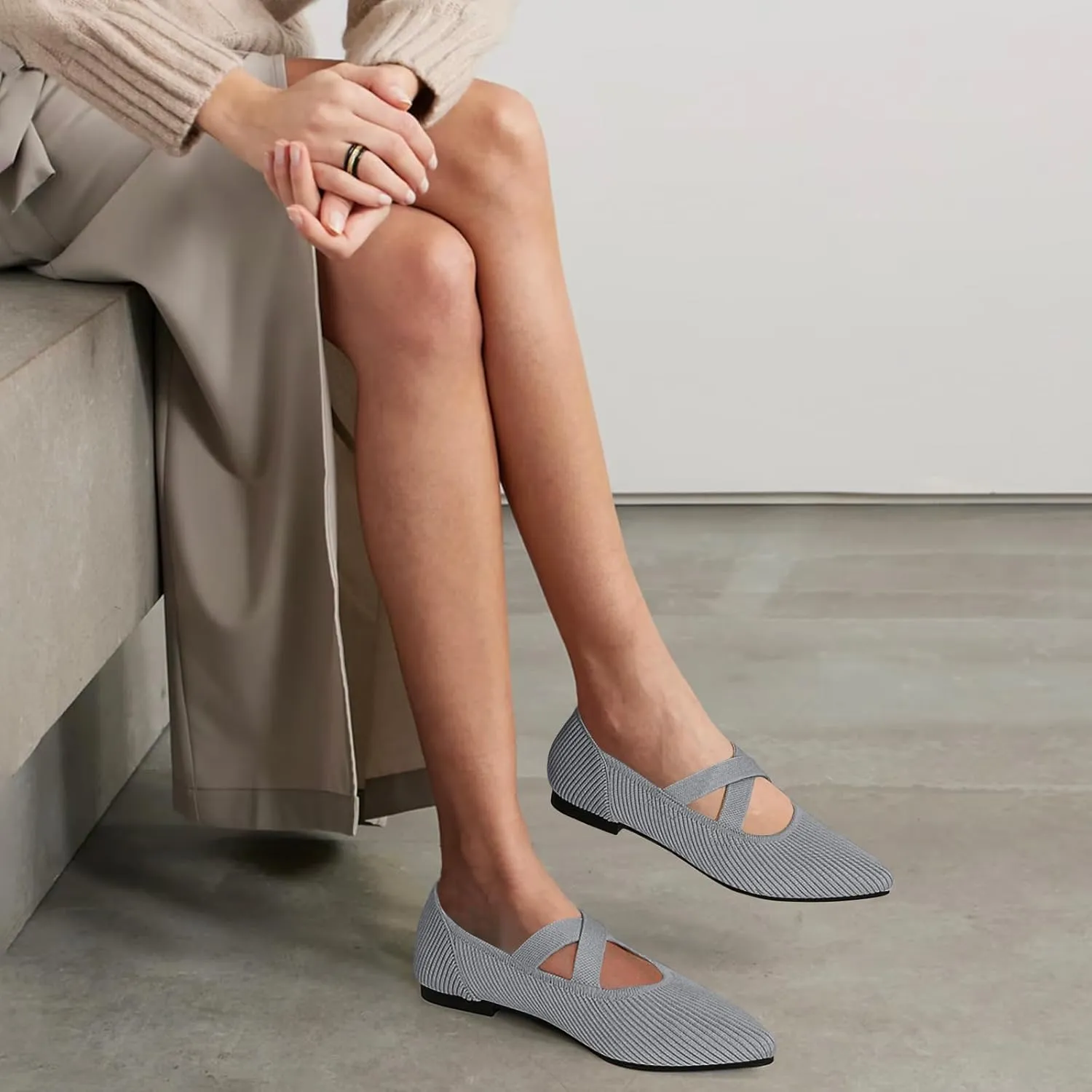 Women's Flats Shoes Pointed Toe Knit Washable Comfortable Dressy Mary Jane Ballet Flat with Strap