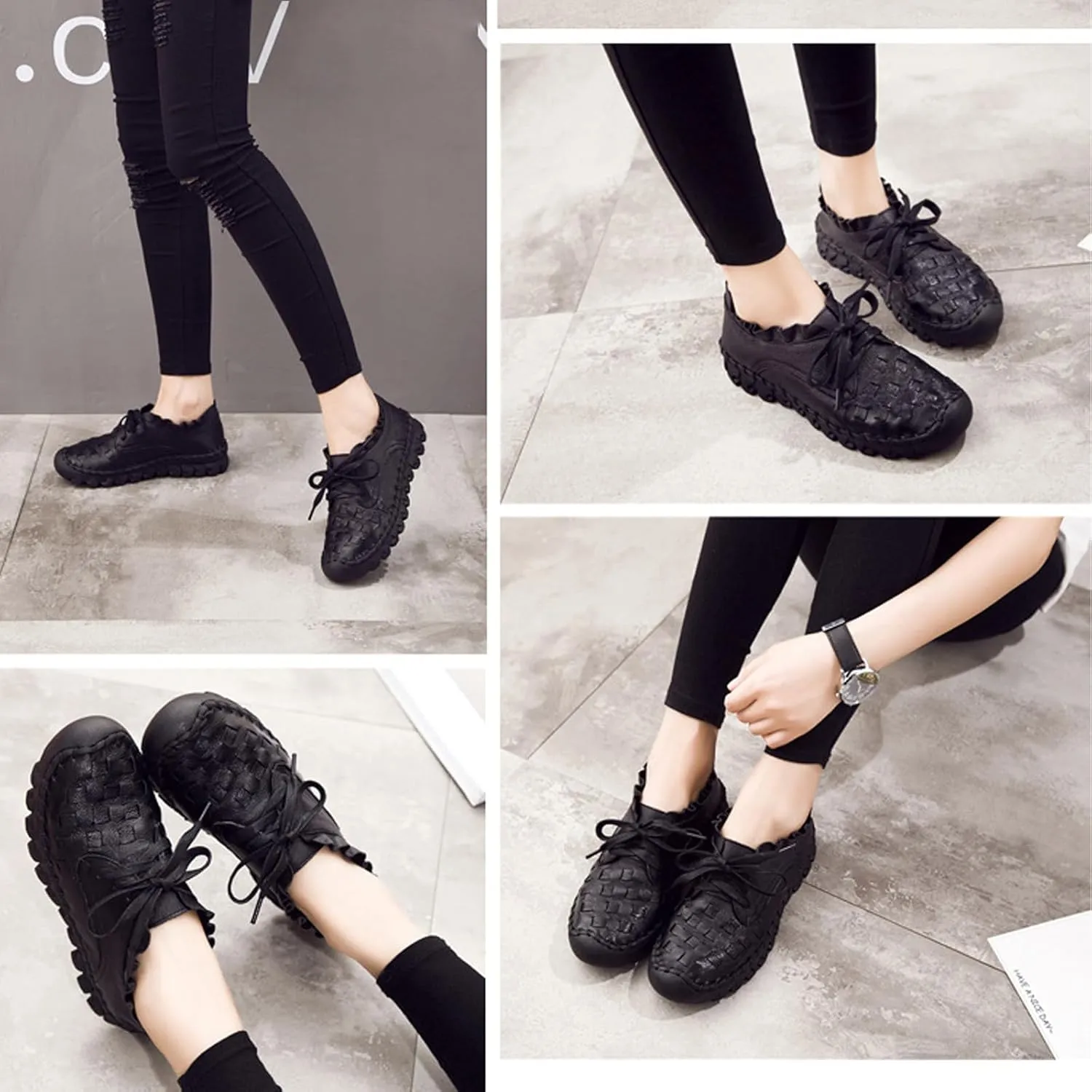 Women's Hand Stitching Lace-up Flat Loafers,Comfortable Classic Woven SOFE Leather Round Toe Non-Slip Breathable Mom Shoes Leisure Walk Soft Sole Driving Shoes
