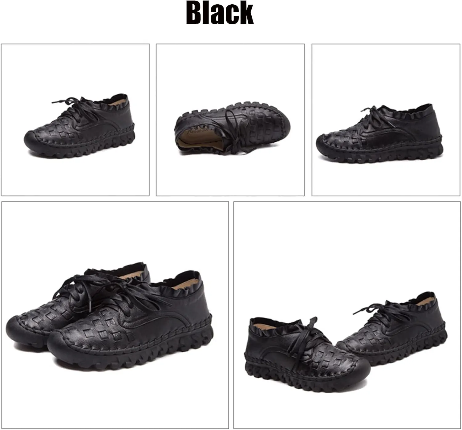 Women's Hand Stitching Lace-up Flat Loafers,Comfortable Classic Woven SOFE Leather Round Toe Non-Slip Breathable Mom Shoes Leisure Walk Soft Sole Driving Shoes