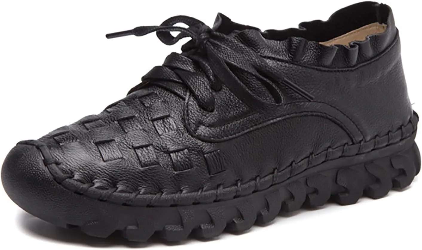 Women's Hand Stitching Lace-up Flat Loafers,Comfortable Classic Woven SOFE Leather Round Toe Non-Slip Breathable Mom Shoes Leisure Walk Soft Sole Driving Shoes