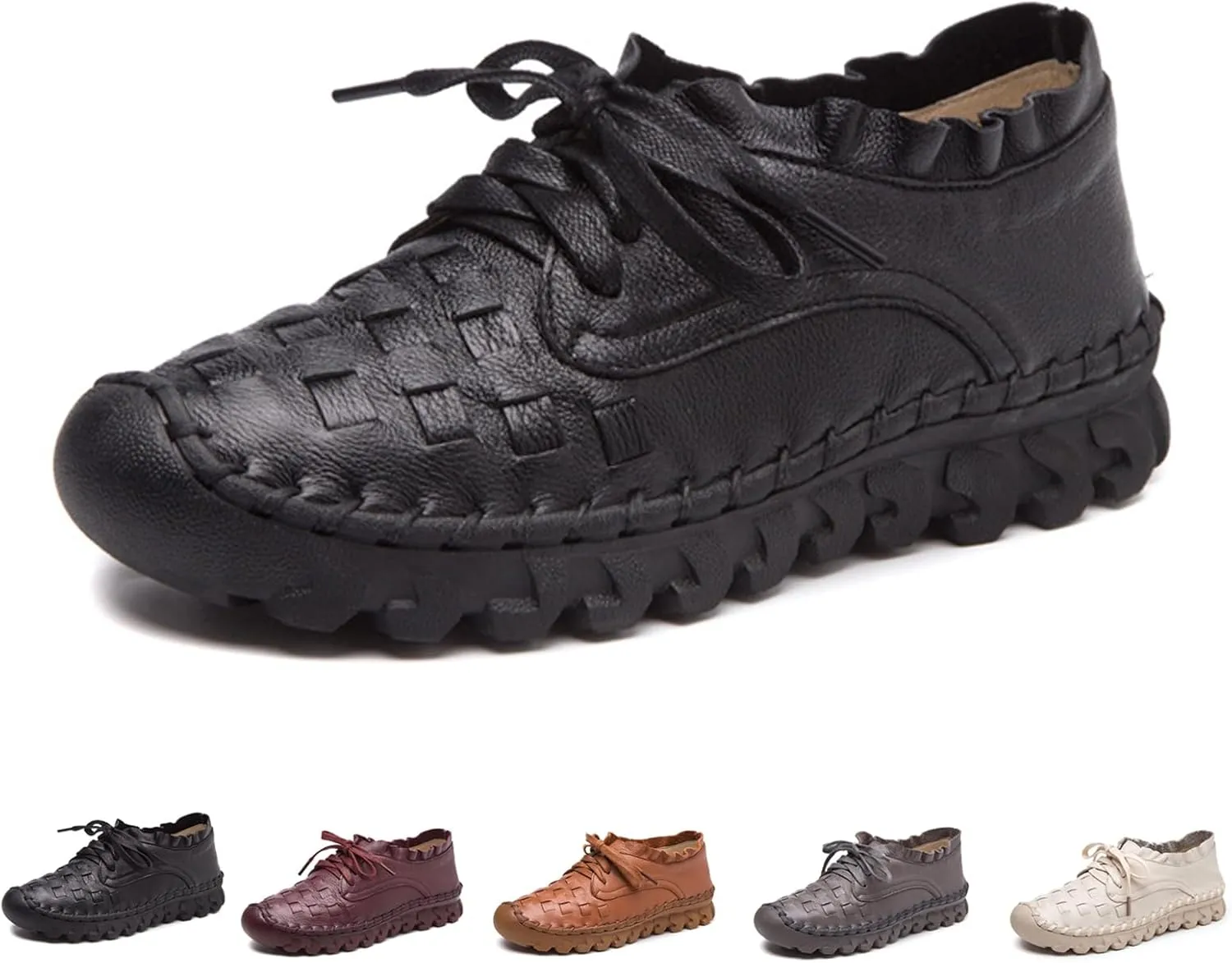 Women's Hand Stitching Lace-up Flat Loafers,Comfortable Classic Woven SOFE Leather Round Toe Non-Slip Breathable Mom Shoes Leisure Walk Soft Sole Driving Shoes