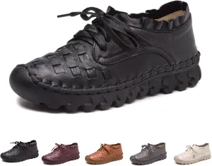 Women's Hand Stitching Lace-up Flat Loafers,Comfortable Classic Woven SOFE Leather Round Toe Non-Slip Breathable Mom Shoes Leisure Walk Soft Sole Driving Shoes