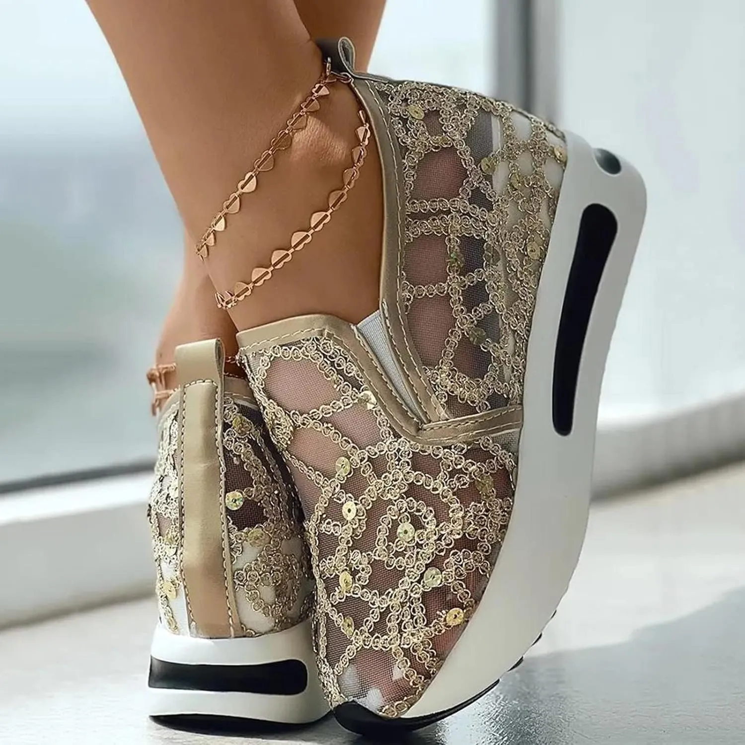 Women's Loafers & Slip-on Embroidery Floral Mesh Lace Chunky Sole Hidden High Heels Lace Up Sneakers Casual Shoes Platform Wedge Sneakers