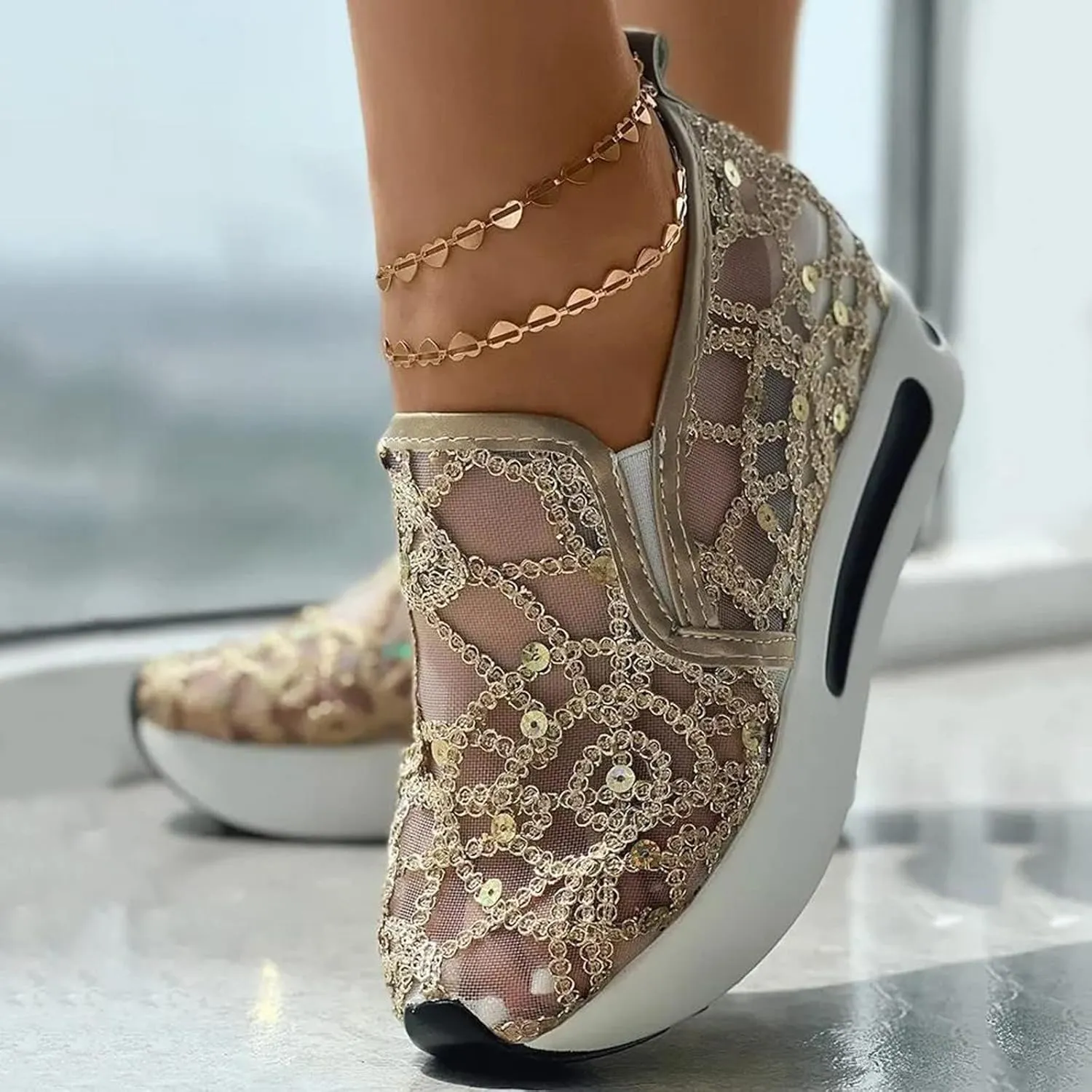 Women's Loafers & Slip-on Embroidery Floral Mesh Lace Chunky Sole Hidden High Heels Lace Up Sneakers Casual Shoes Platform Wedge Sneakers