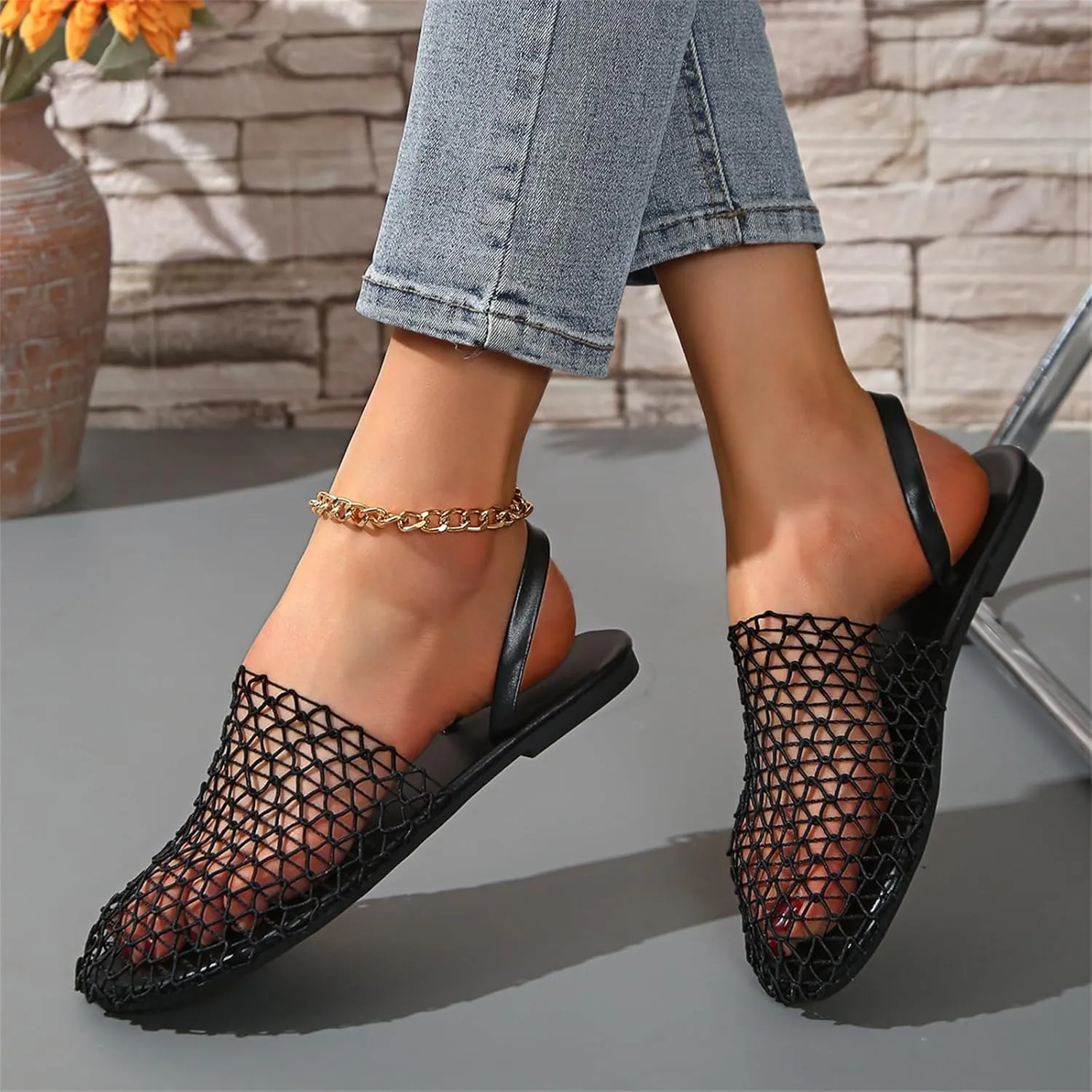 Women's Mesh Ballet Flats Slip on Ballerina Mule Shoes Mary Jane Flat Comfortable Casual Office Fishnet Slippers