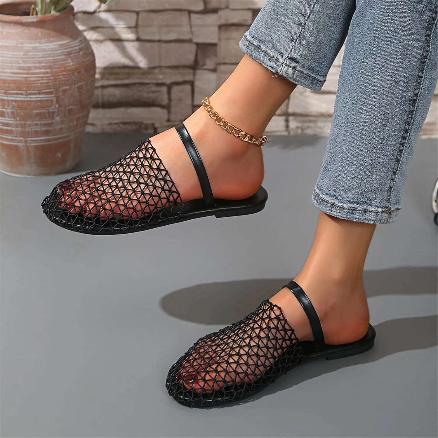 Women's Mesh Ballet Flats Slip on Ballerina Mule Shoes Mary Jane Flat Comfortable Casual Office Fishnet Slippers