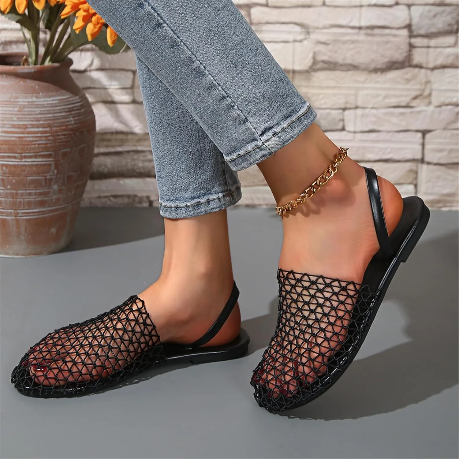 Women's Mesh Ballet Flats Slip on Ballerina Mule Shoes Mary Jane Flat Comfortable Casual Office Fishnet Slippers
