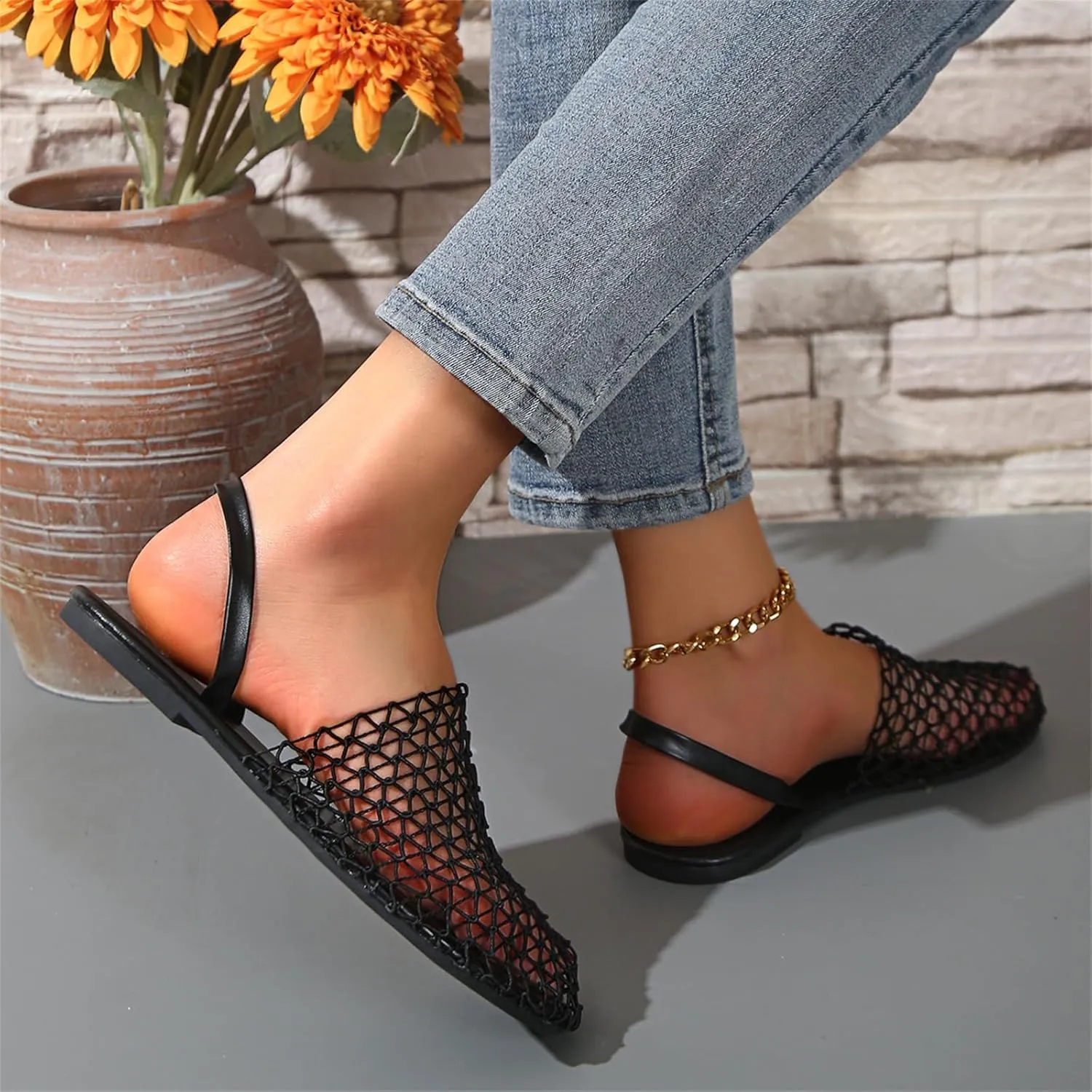 Women's Mesh Ballet Flats Slip on Ballerina Mule Shoes Mary Jane Flat Comfortable Casual Office Fishnet Slippers