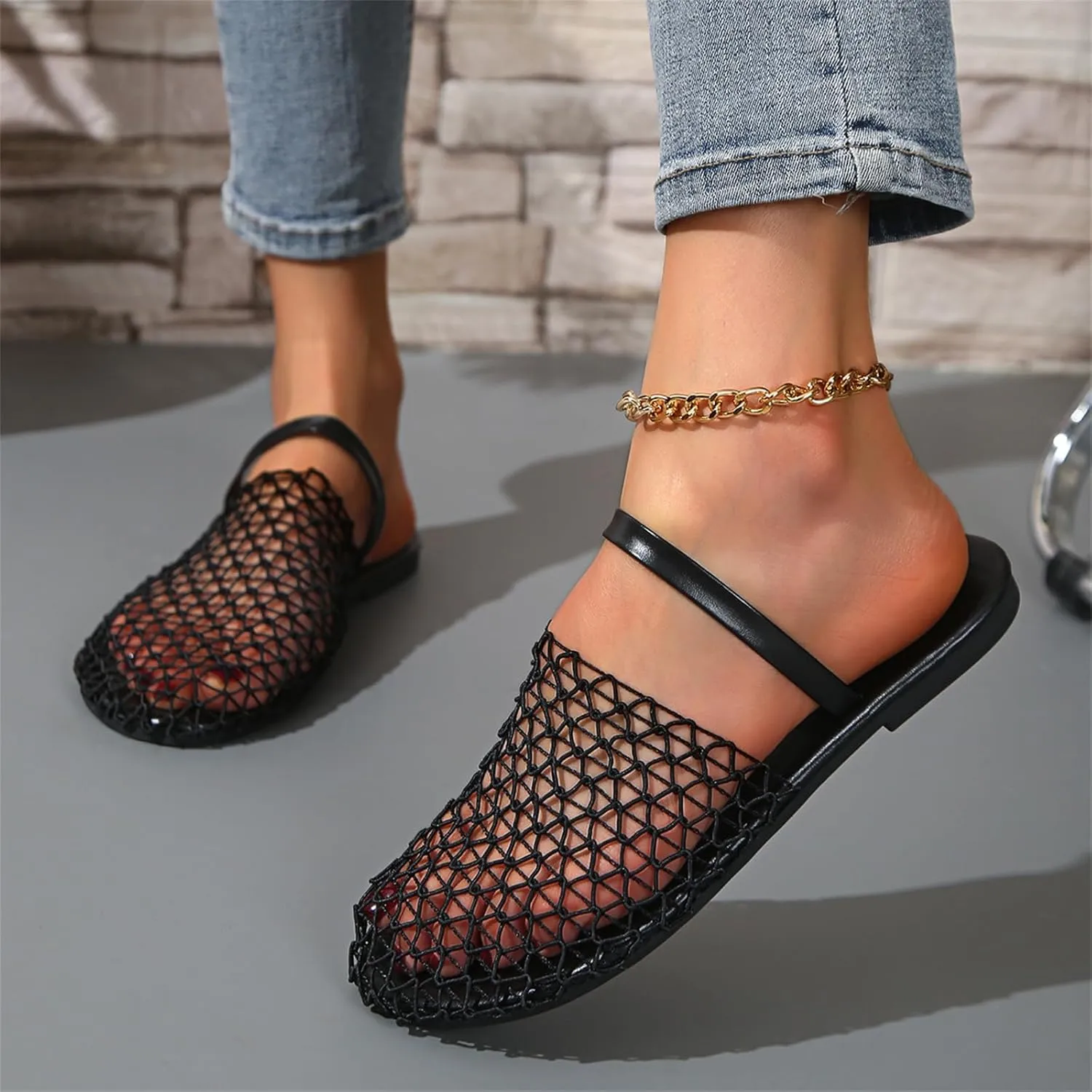 Women's Mesh Ballet Flats Slip on Ballerina Mule Shoes Mary Jane Flat Comfortable Casual Office Fishnet Slippers