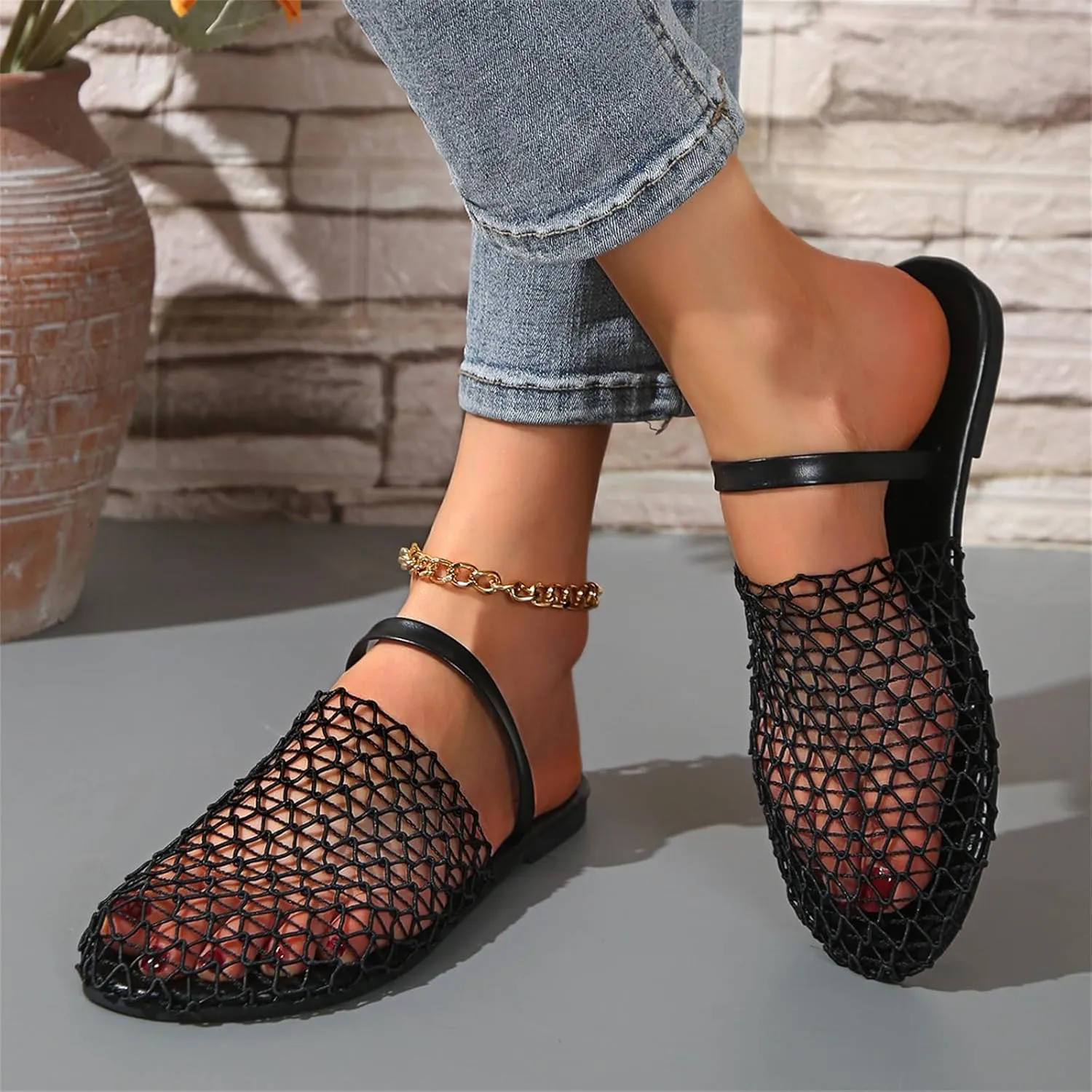 Women's Mesh Ballet Flats Slip on Ballerina Mule Shoes Mary Jane Flat Comfortable Casual Office Fishnet Slippers